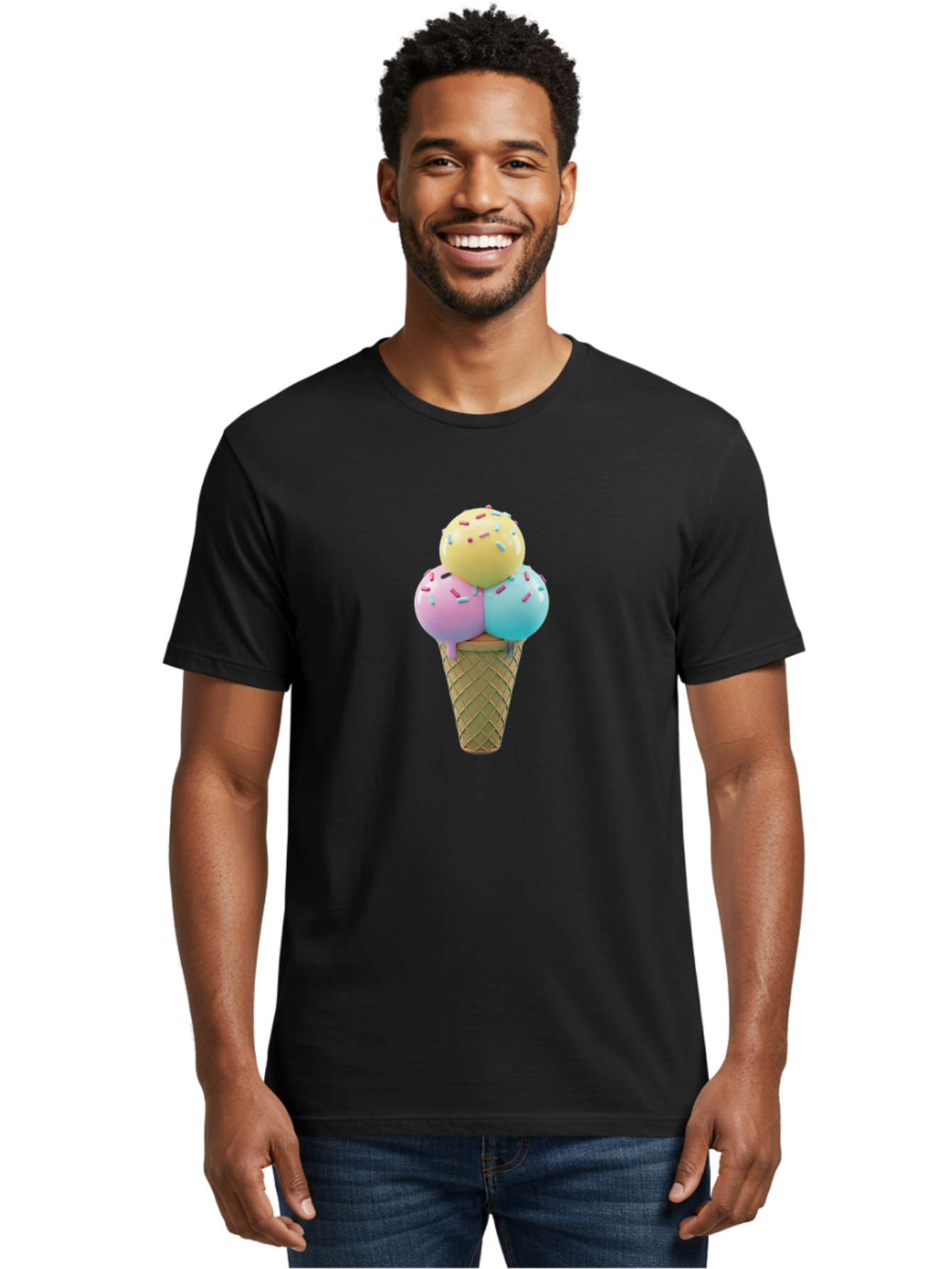 Three-Scoops-Ice-Cream-1 Men'S Graphic Tee, 100% Cotton, Comfortable Casual Summer Wear, Machine Washable, Ice Cream Cone, Three Scoops, Colorful Sprinkles, Yellow, Pink, Blue Ice Cream, Sweet Treats, Dessert, Colorful Dessert Bab534