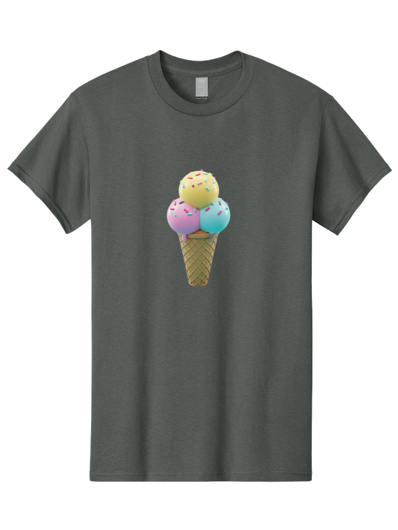 Three-Scoops-Ice-Cream-1 Men'S Graphic Tee, 100% Cotton, Comfortable Casual Summer Wear, Machine Washable, Ice Cream Cone, Three Scoops, Colorful Sprinkles, Yellow, Pink, Blue Ice Cream, Sweet Treats, Dessert, Colorful Dessert Bab534