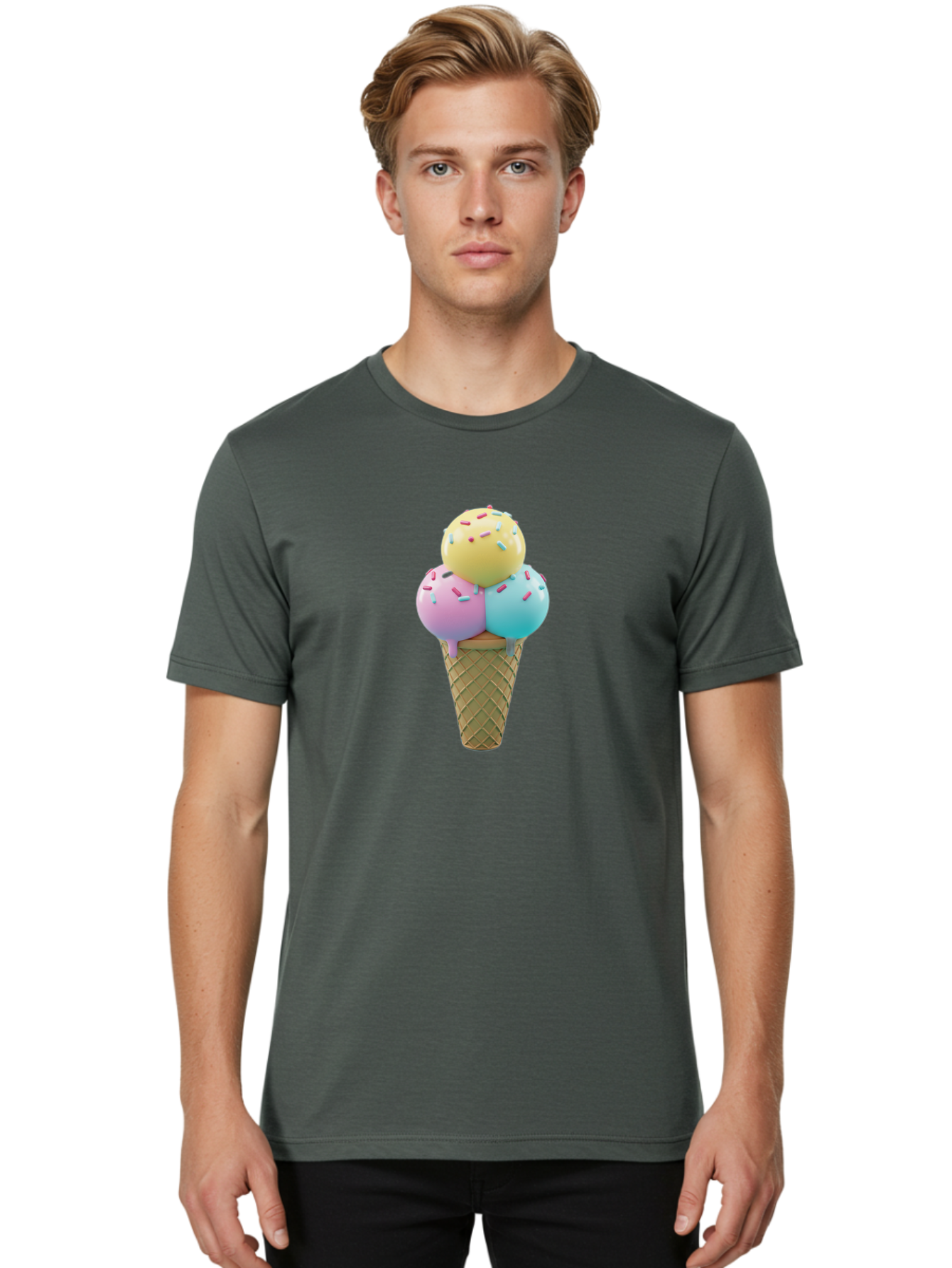 Three-Scoops-Ice-Cream-1 Men'S Graphic Tee, 100% Cotton, Comfortable Casual Summer Wear, Machine Washable, Ice Cream Cone, Three Scoops, Colorful Sprinkles, Yellow, Pink, Blue Ice Cream, Sweet Treats, Dessert, Colorful Dessert Bab534