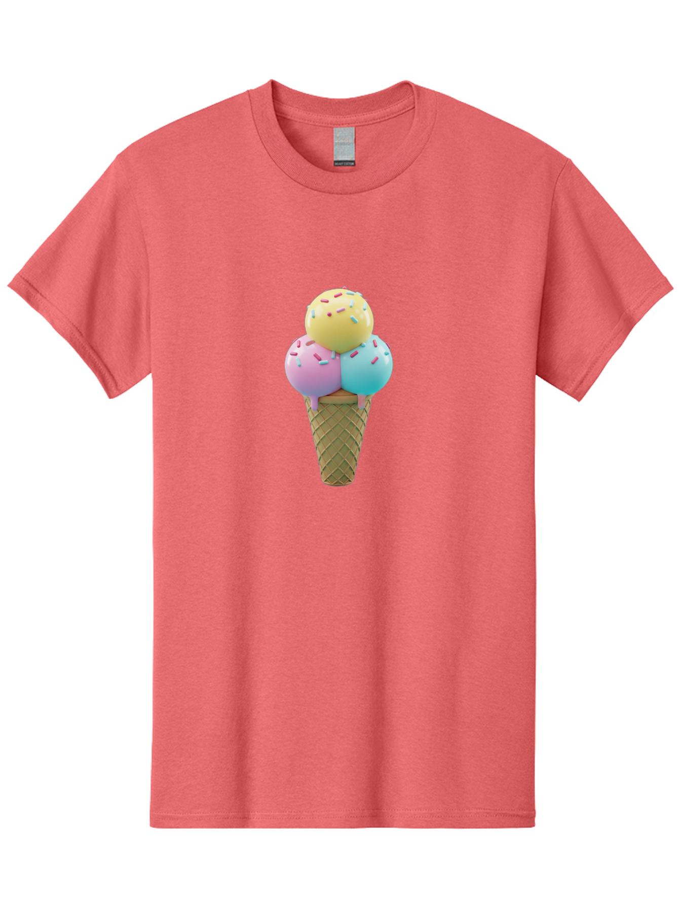 Three-Scoops-Ice-Cream-1 Men'S Graphic Tee, 100% Cotton, Comfortable Casual Summer Wear, Machine Washable, Ice Cream Cone, Three Scoops, Colorful Sprinkles, Yellow, Pink, Blue Ice Cream, Sweet Treats, Dessert, Colorful Dessert Bab534