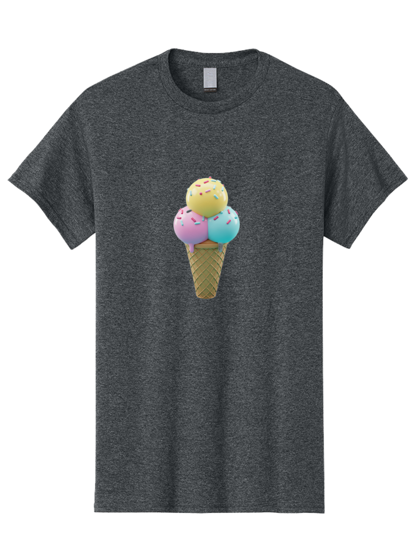 Three-Scoops-Ice-Cream-1 Men'S Graphic Tee, 100% Cotton, Comfortable Casual Summer Wear, Machine Washable, Ice Cream Cone, Three Scoops, Colorful Sprinkles, Yellow, Pink, Blue Ice Cream, Sweet Treats, Dessert, Colorful Dessert Bab534