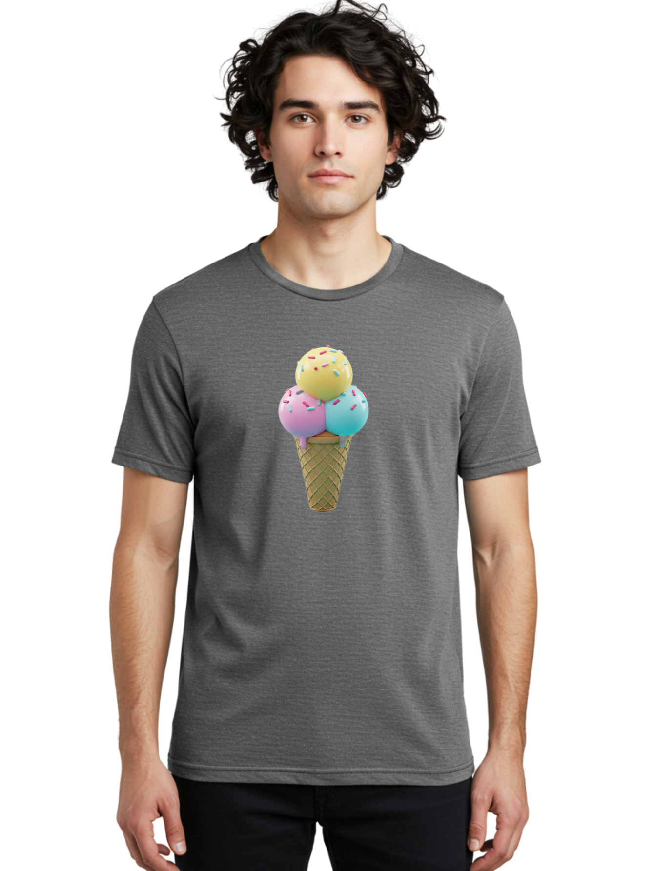 Three-Scoops-Ice-Cream-1 Men'S Graphic Tee, 100% Cotton, Comfortable Casual Summer Wear, Machine Washable, Ice Cream Cone, Three Scoops, Colorful Sprinkles, Yellow, Pink, Blue Ice Cream, Sweet Treats, Dessert, Colorful Dessert Bab534