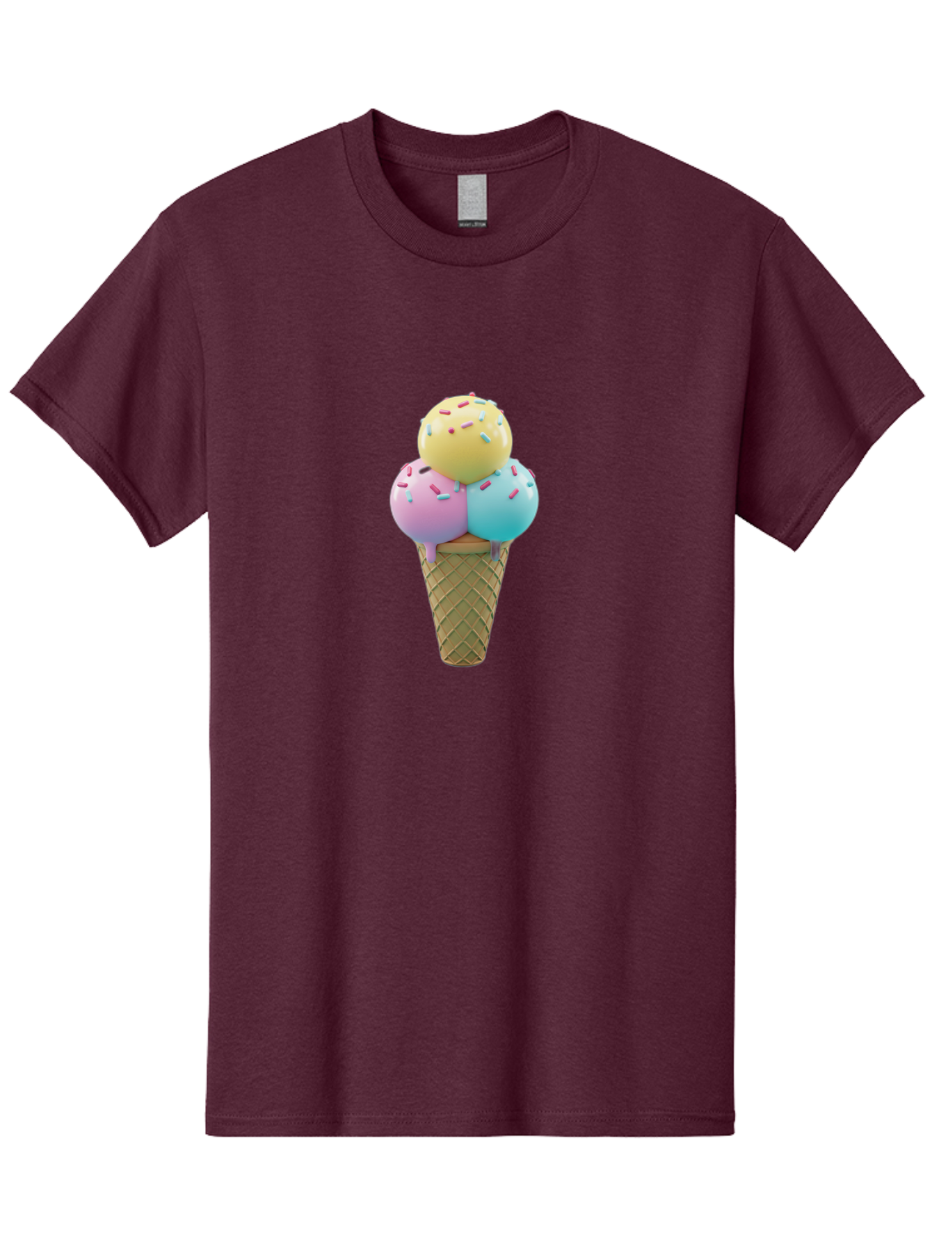 Three-Scoops-Ice-Cream-1 Men'S Graphic Tee, 100% Cotton, Comfortable Casual Summer Wear, Machine Washable, Ice Cream Cone, Three Scoops, Colorful Sprinkles, Yellow, Pink, Blue Ice Cream, Sweet Treats, Dessert, Colorful Dessert Bab534