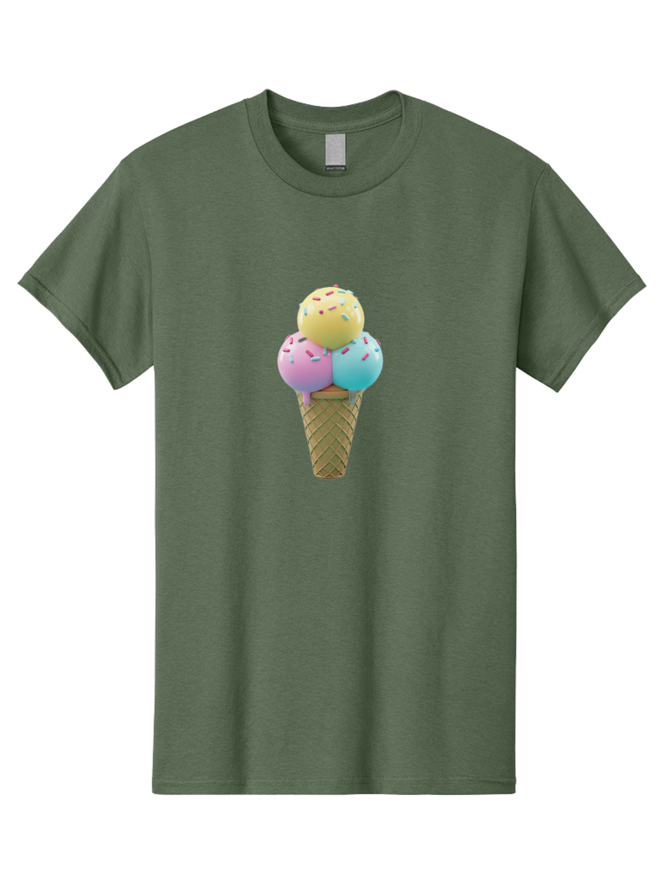 Three-Scoops-Ice-Cream-1 Men'S Graphic Tee, 100% Cotton, Comfortable Casual Summer Wear, Machine Washable, Ice Cream Cone, Three Scoops, Colorful Sprinkles, Yellow, Pink, Blue Ice Cream, Sweet Treats, Dessert, Colorful Dessert Bab534