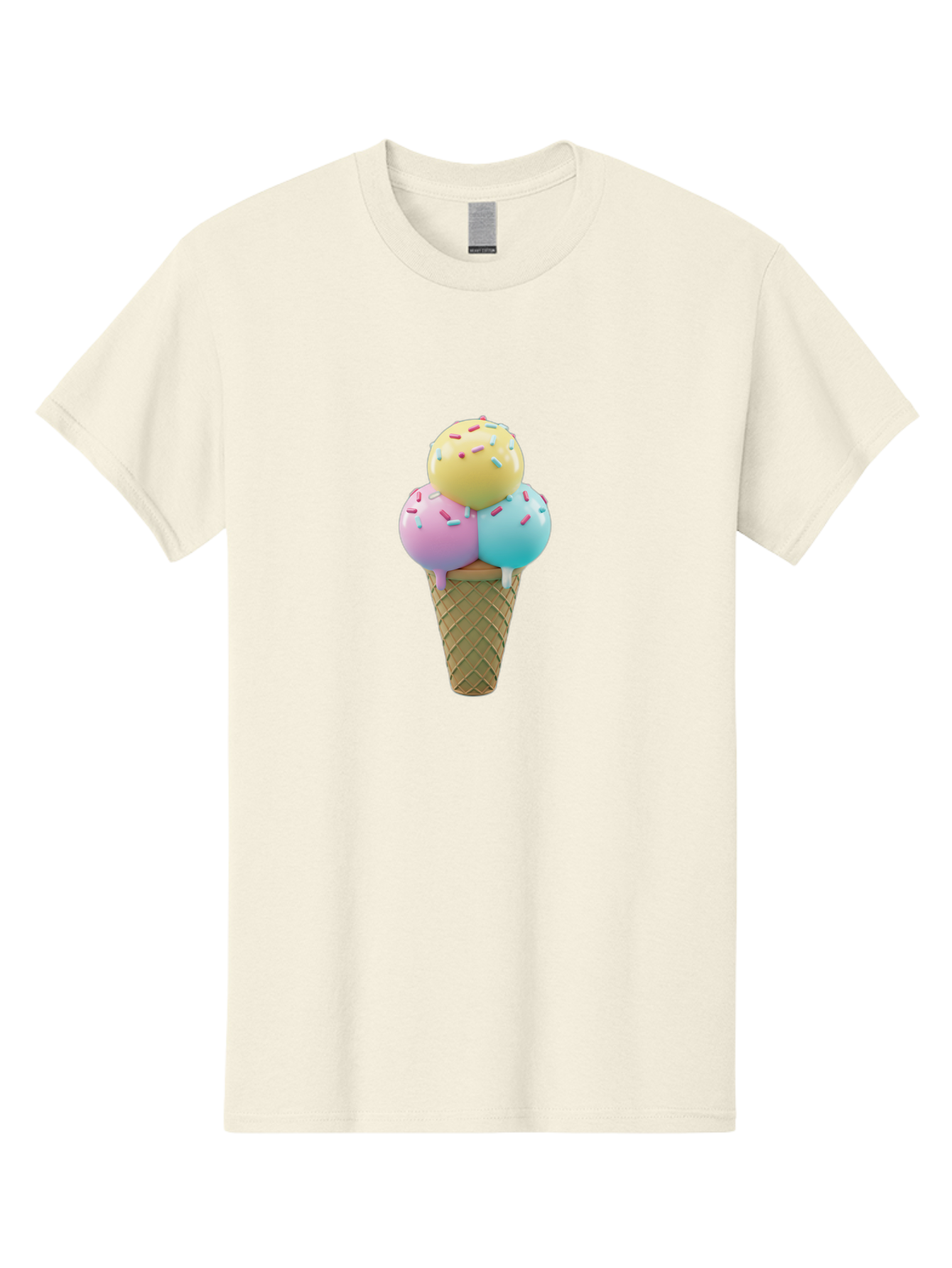 Three-Scoops-Ice-Cream-1 Men'S Graphic Tee, 100% Cotton, Comfortable Casual Summer Wear, Machine Washable, Ice Cream Cone, Three Scoops, Colorful Sprinkles, Yellow, Pink, Blue Ice Cream, Sweet Treats, Dessert, Colorful Dessert Bab534