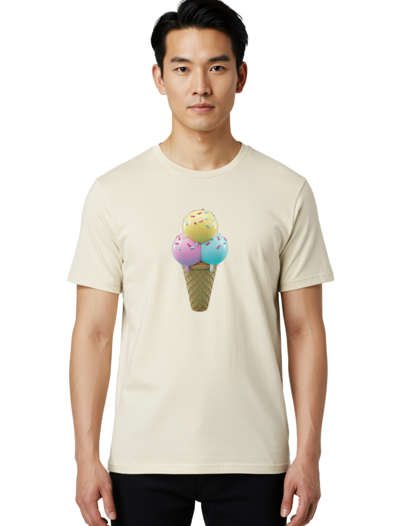 Three-Scoops-Ice-Cream-1 Men'S Graphic Tee, 100% Cotton, Comfortable Casual Summer Wear, Machine Washable, Ice Cream Cone, Three Scoops, Colorful Sprinkles, Yellow, Pink, Blue Ice Cream, Sweet Treats, Dessert, Colorful Dessert Bab534