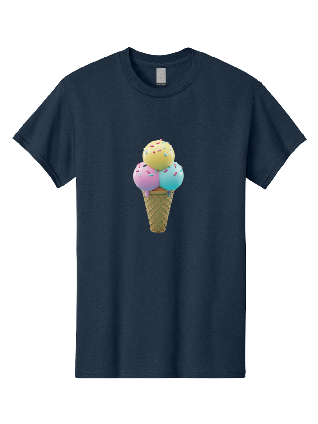 Three-Scoops-Ice-Cream-1 Men'S Graphic Tee, 100% Cotton, Comfortable Casual Summer Wear, Machine Washable, Ice Cream Cone, Three Scoops, Colorful Sprinkles, Yellow, Pink, Blue Ice Cream, Sweet Treats, Dessert, Colorful Dessert Bab534