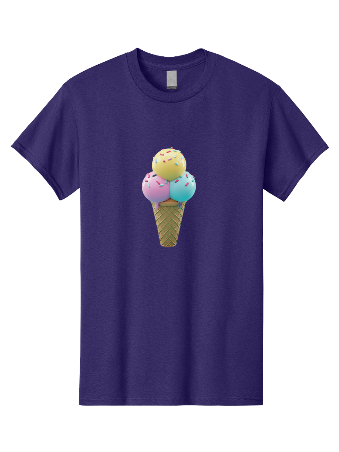 Three-Scoops-Ice-Cream-1 Men'S Graphic Tee, 100% Cotton, Comfortable Casual Summer Wear, Machine Washable, Ice Cream Cone, Three Scoops, Colorful Sprinkles, Yellow, Pink, Blue Ice Cream, Sweet Treats, Dessert, Colorful Dessert Bab534