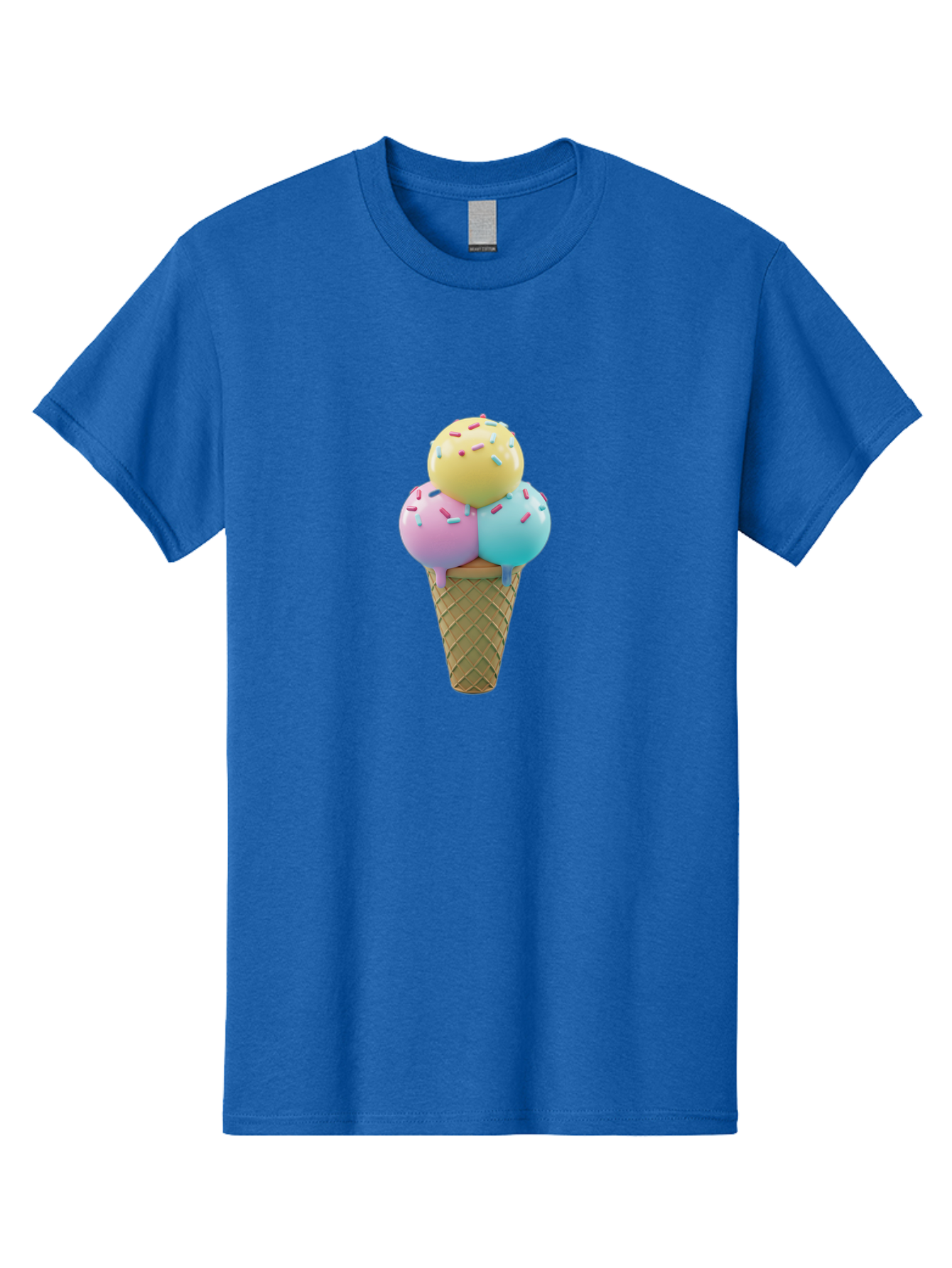 Three-Scoops-Ice-Cream-1 Men'S Graphic Tee, 100% Cotton, Comfortable Casual Summer Wear, Machine Washable, Ice Cream Cone, Three Scoops, Colorful Sprinkles, Yellow, Pink, Blue Ice Cream, Sweet Treats, Dessert, Colorful Dessert Bab534