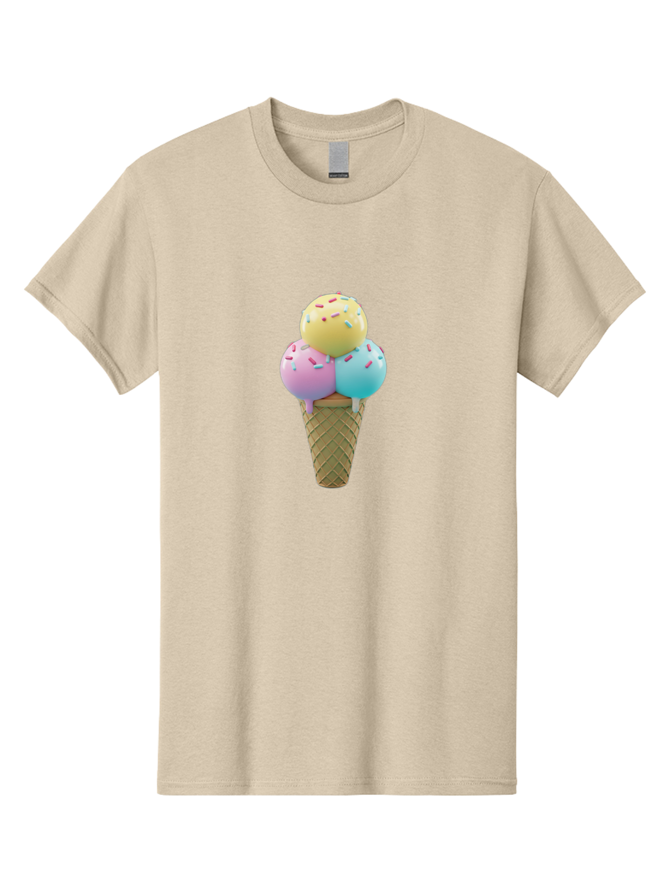 Three-Scoops-Ice-Cream-1 Men'S Graphic Tee, 100% Cotton, Comfortable Casual Summer Wear, Machine Washable, Ice Cream Cone, Three Scoops, Colorful Sprinkles, Yellow, Pink, Blue Ice Cream, Sweet Treats, Dessert, Colorful Dessert Bab534