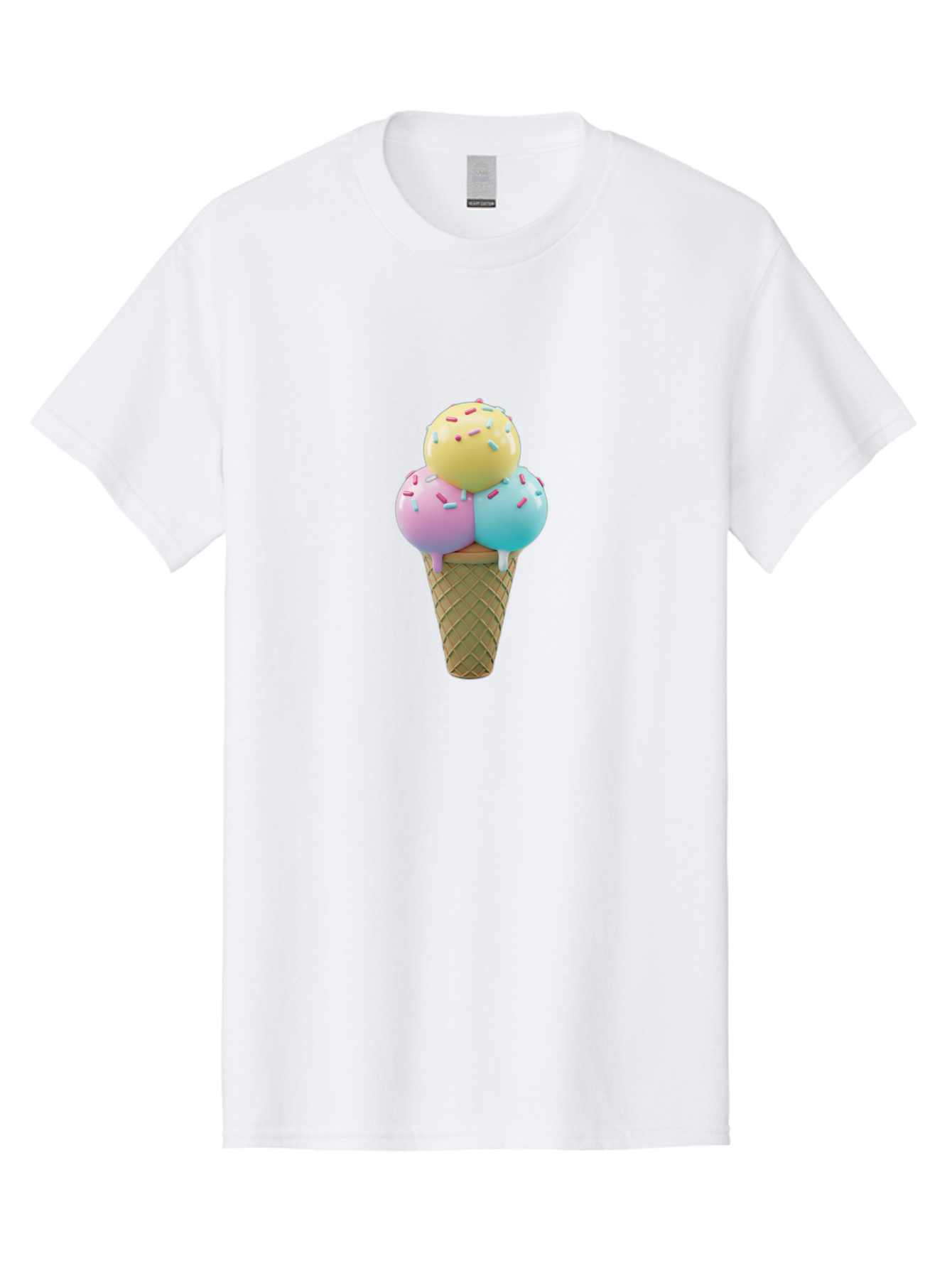 Three-Scoops-Ice-Cream-1 Men'S Graphic Tee, 100% Cotton, Comfortable Casual Summer Wear, Machine Washable, Ice Cream Cone, Three Scoops, Colorful Sprinkles, Yellow, Pink, Blue Ice Cream, Sweet Treats, Dessert, Colorful Dessert Bab534