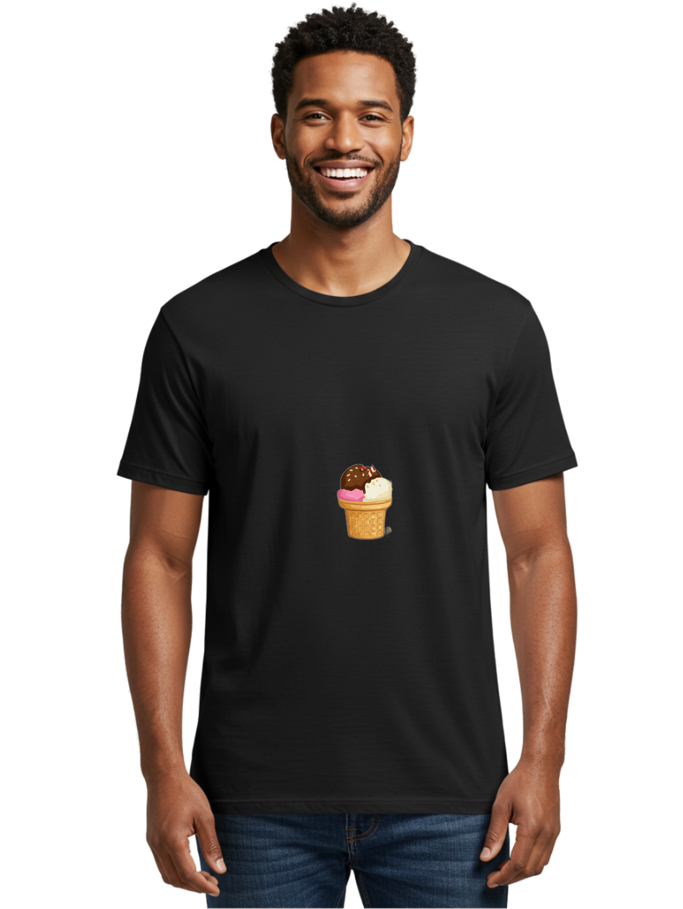 Three-Scoops-Ice-Cream Men'S Graphic Tee, 100% Cotton, Comfortable Casual Summer Wear, Machine Washable, Triple Scoop Ice Cream, Chocolate Ice Cream, Strawberry Ice Cream, Vanilla Ice Cream, Ice Cream Cone, Sweet Treats, Dessert, Bab535