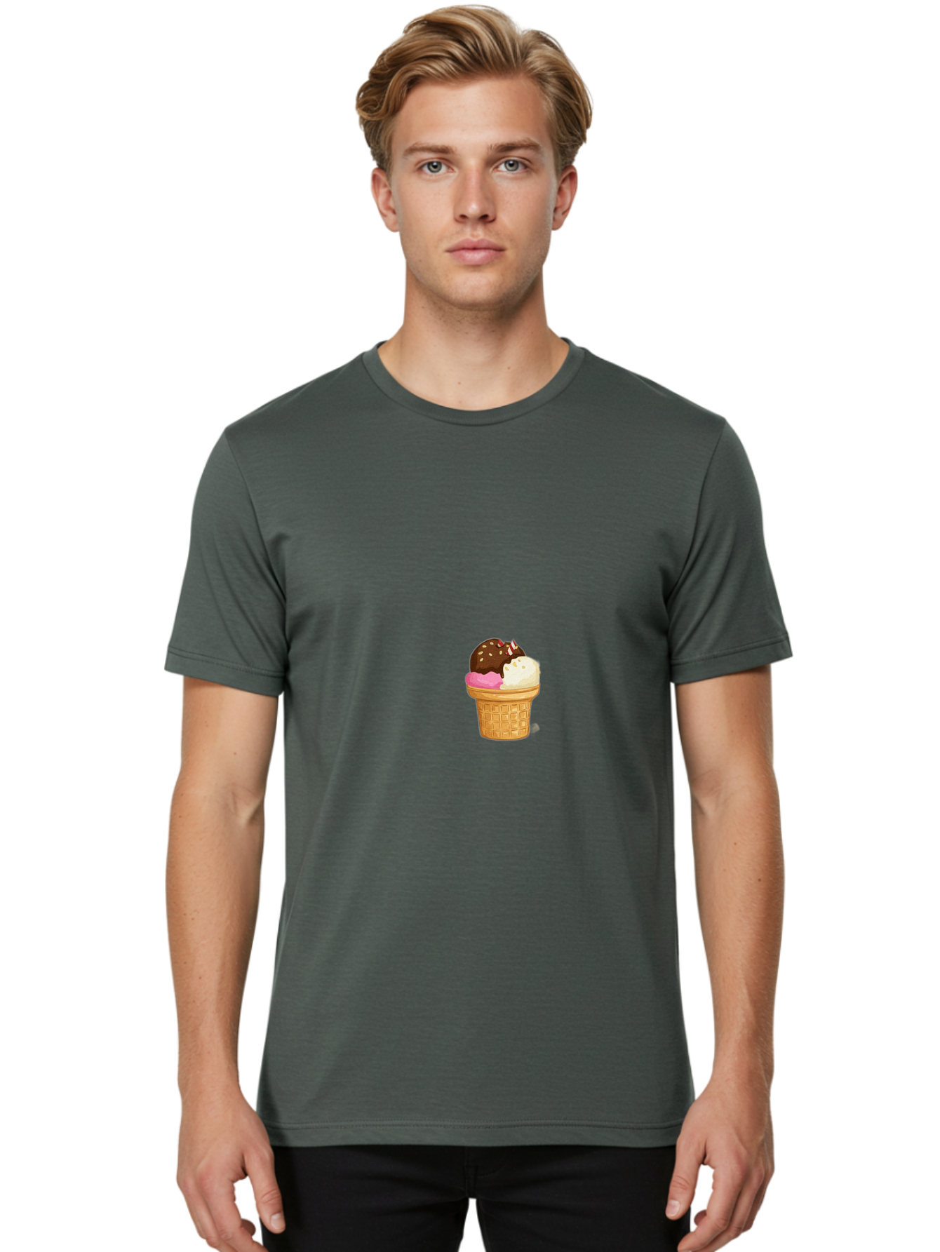 Three-Scoops-Ice-Cream Men'S Graphic Tee, 100% Cotton, Comfortable Casual Summer Wear, Machine Washable, Triple Scoop Ice Cream, Chocolate Ice Cream, Strawberry Ice Cream, Vanilla Ice Cream, Ice Cream Cone, Sweet Treats, Dessert, Bab535