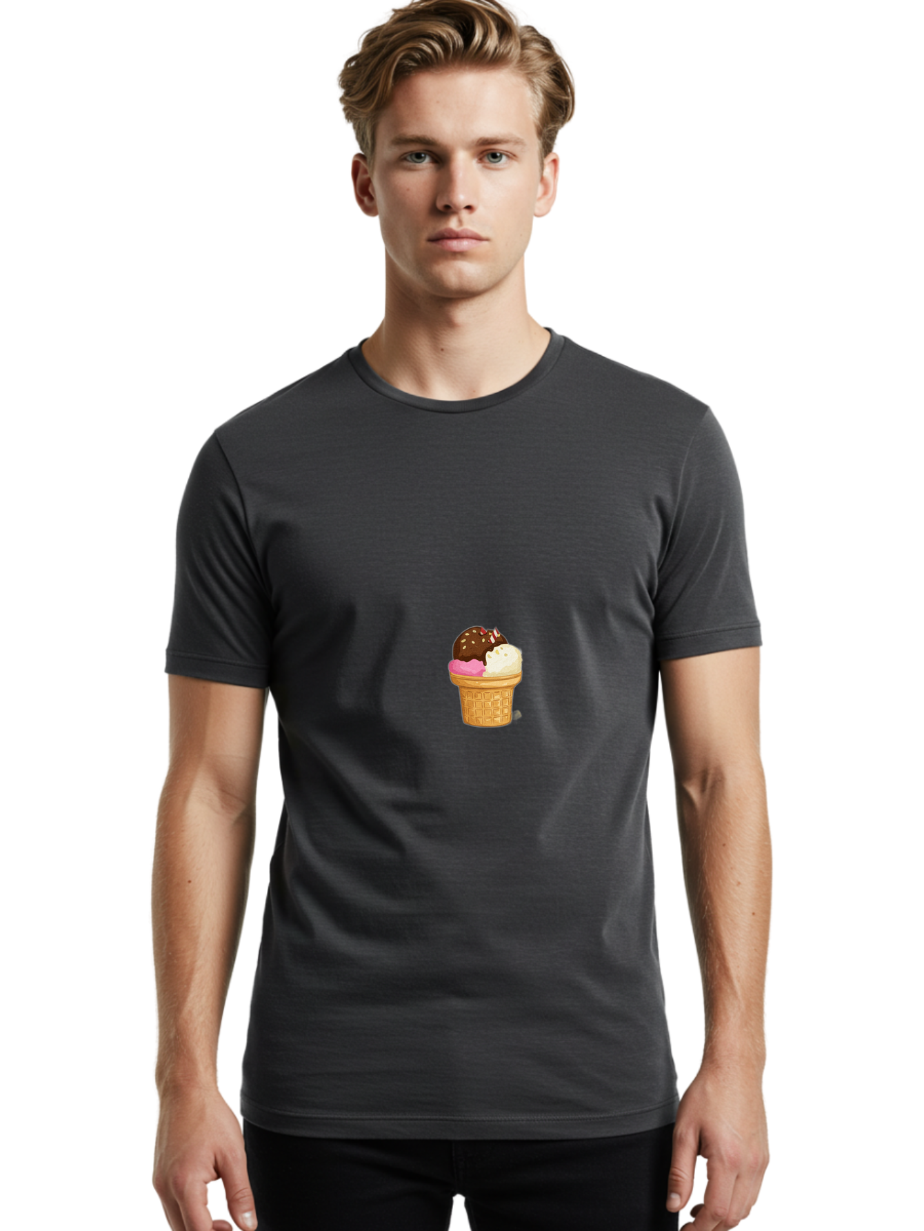 Three-Scoops-Ice-Cream Men'S Graphic Tee, 100% Cotton, Comfortable Casual Summer Wear, Machine Washable, Triple Scoop Ice Cream, Chocolate Ice Cream, Strawberry Ice Cream, Vanilla Ice Cream, Ice Cream Cone, Sweet Treats, Dessert, Bab535