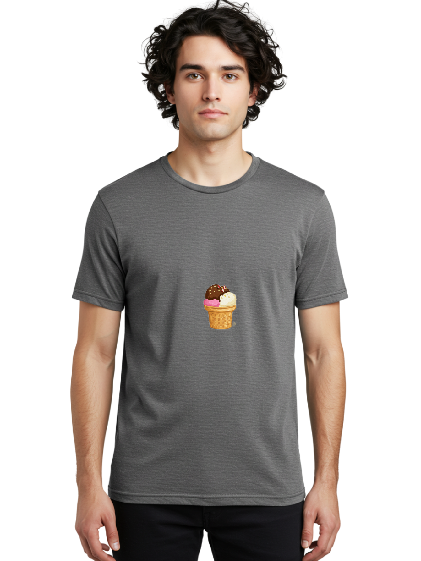 Three-Scoops-Ice-Cream Men'S Graphic Tee, 100% Cotton, Comfortable Casual Summer Wear, Machine Washable, Triple Scoop Ice Cream, Chocolate Ice Cream, Strawberry Ice Cream, Vanilla Ice Cream, Ice Cream Cone, Sweet Treats, Dessert, Bab535