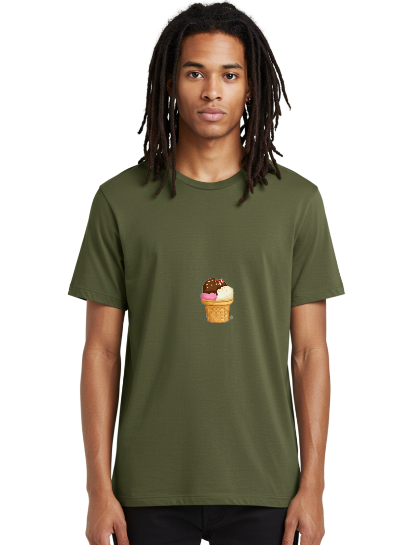 Three-Scoops-Ice-Cream Men'S Graphic Tee, 100% Cotton, Comfortable Casual Summer Wear, Machine Washable, Triple Scoop Ice Cream, Chocolate Ice Cream, Strawberry Ice Cream, Vanilla Ice Cream, Ice Cream Cone, Sweet Treats, Dessert, Bab535