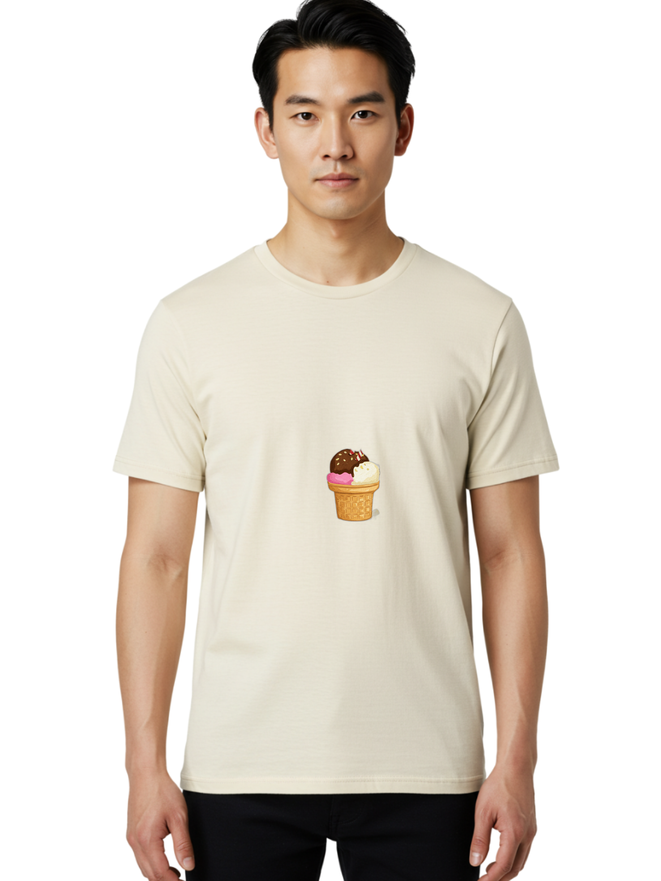 Three-Scoops-Ice-Cream Men'S Graphic Tee, 100% Cotton, Comfortable Casual Summer Wear, Machine Washable, Triple Scoop Ice Cream, Chocolate Ice Cream, Strawberry Ice Cream, Vanilla Ice Cream, Ice Cream Cone, Sweet Treats, Dessert, Bab535