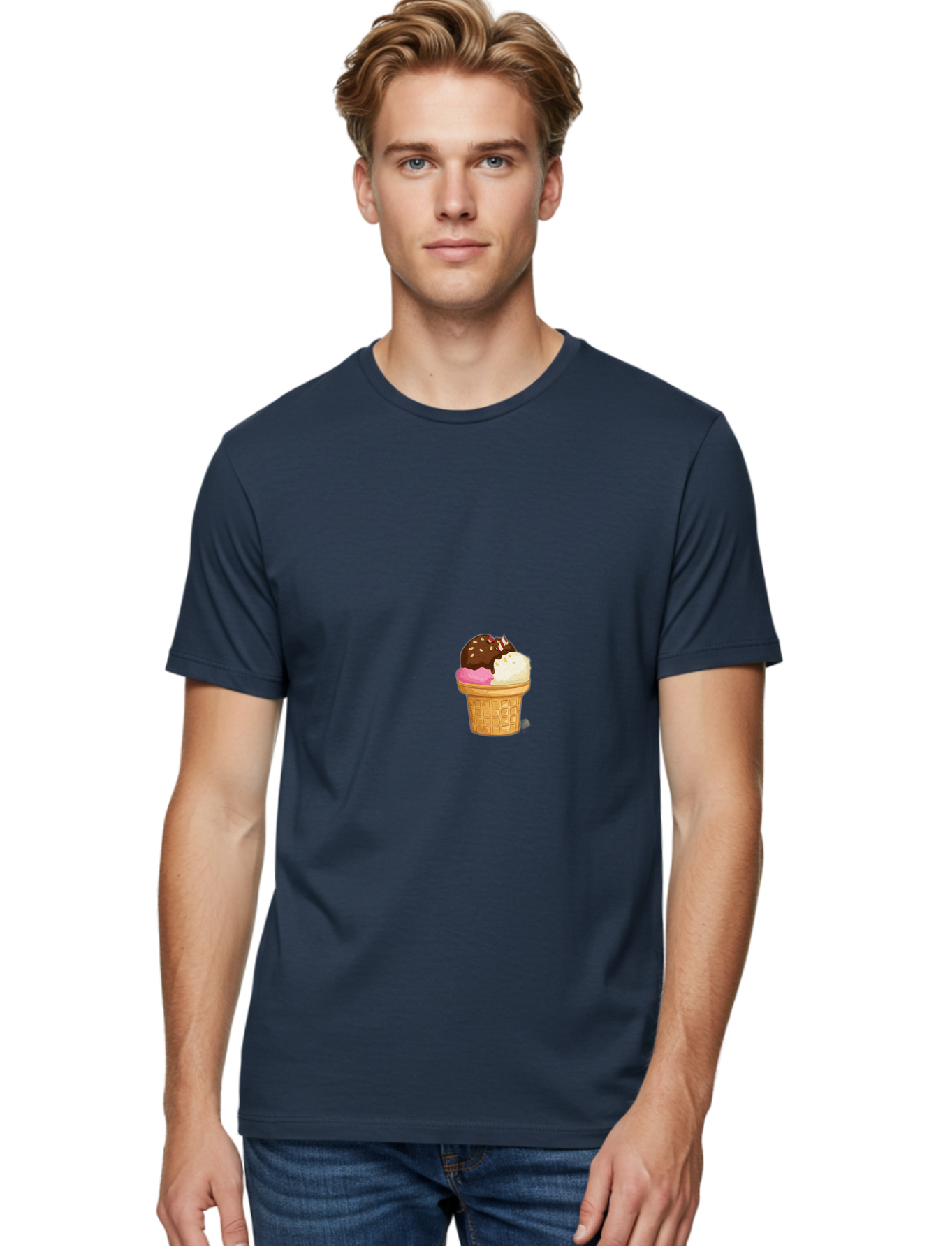 Three-Scoops-Ice-Cream Men'S Graphic Tee, 100% Cotton, Comfortable Casual Summer Wear, Machine Washable, Triple Scoop Ice Cream, Chocolate Ice Cream, Strawberry Ice Cream, Vanilla Ice Cream, Ice Cream Cone, Sweet Treats, Dessert, Bab535