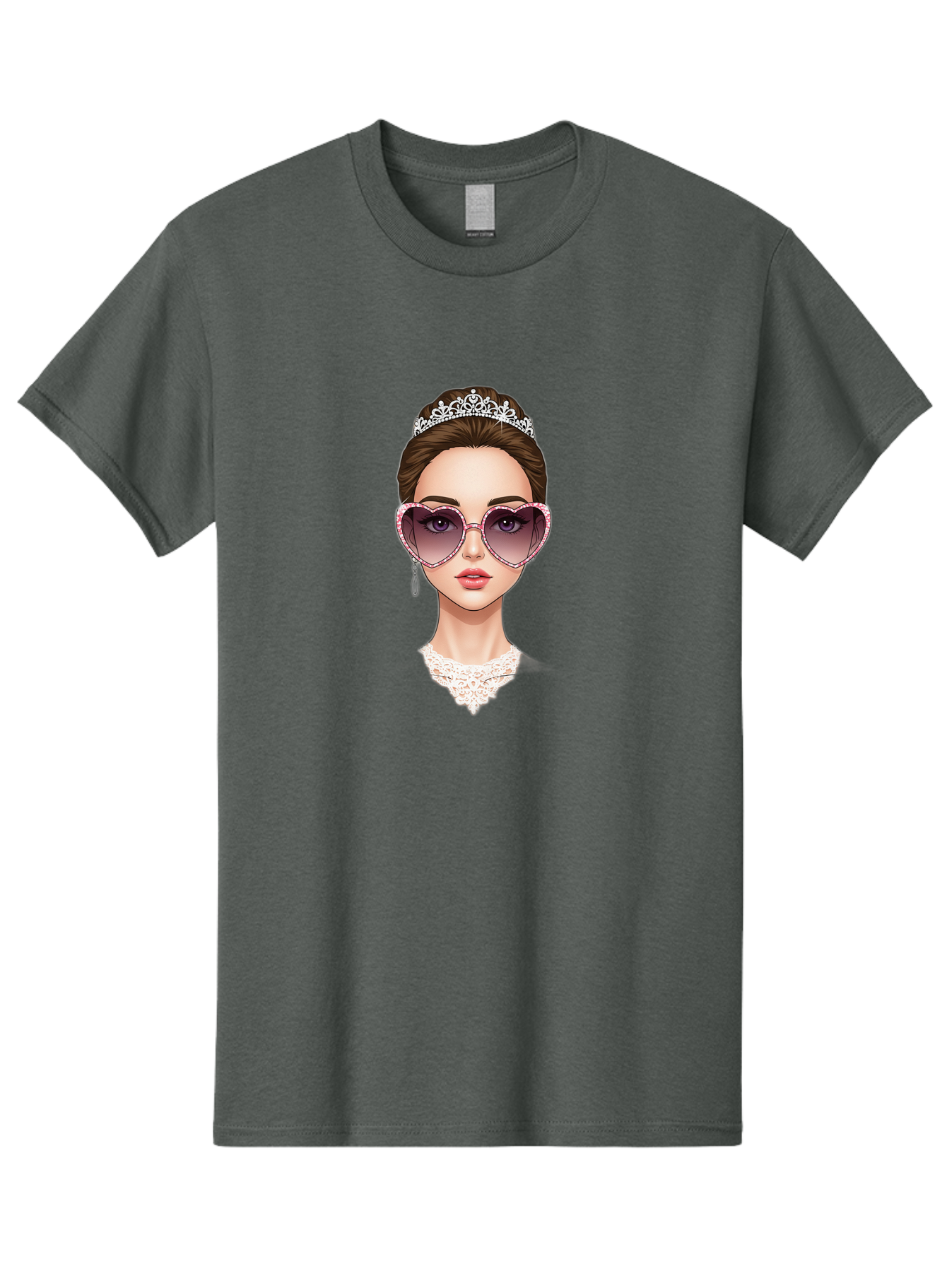 Tiara-Girl Men'S Graphic Tee, 100% Cotton, Comfortable Casual Summer Wear, Machine Washable, Princess Illustration, Heart-Shaped Sunglasses, Tiara Accessory, Elegant Jewelry, Fashionable Woman, Trendy Eyewear, Glamorous Style, Bab536