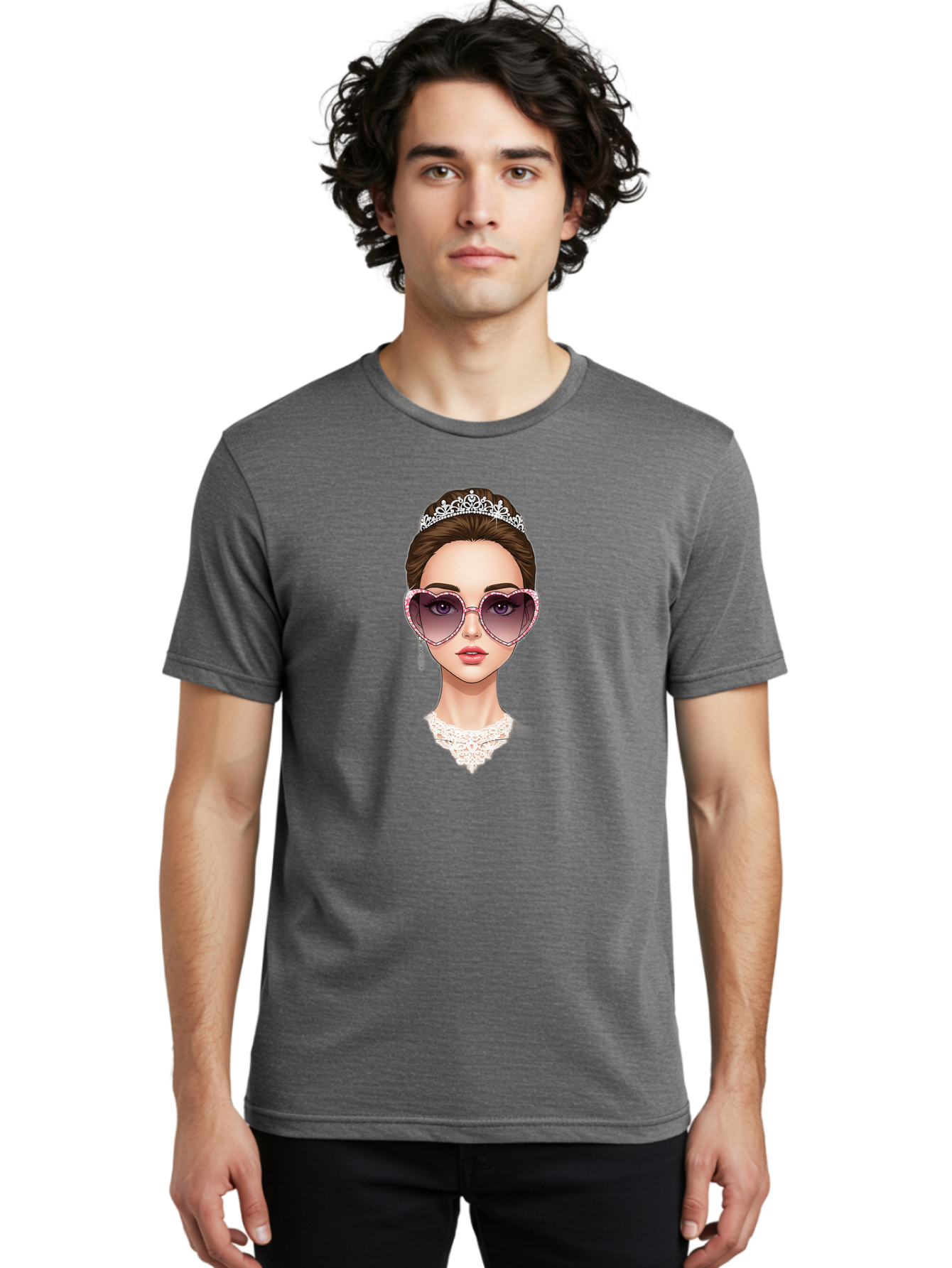 Tiara-Girl Men'S Graphic Tee, 100% Cotton, Comfortable Casual Summer Wear, Machine Washable, Princess Illustration, Heart-Shaped Sunglasses, Tiara Accessory, Elegant Jewelry, Fashionable Woman, Trendy Eyewear, Glamorous Style, Bab536