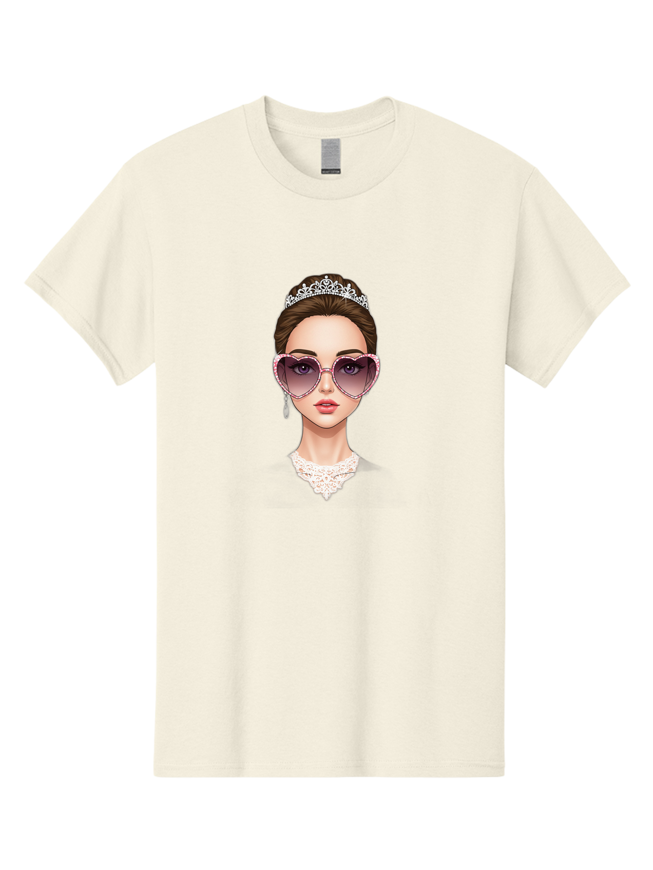 Tiara-Girl Men'S Graphic Tee, 100% Cotton, Comfortable Casual Summer Wear, Machine Washable, Princess Illustration, Heart-Shaped Sunglasses, Tiara Accessory, Elegant Jewelry, Fashionable Woman, Trendy Eyewear, Glamorous Style, Bab536
