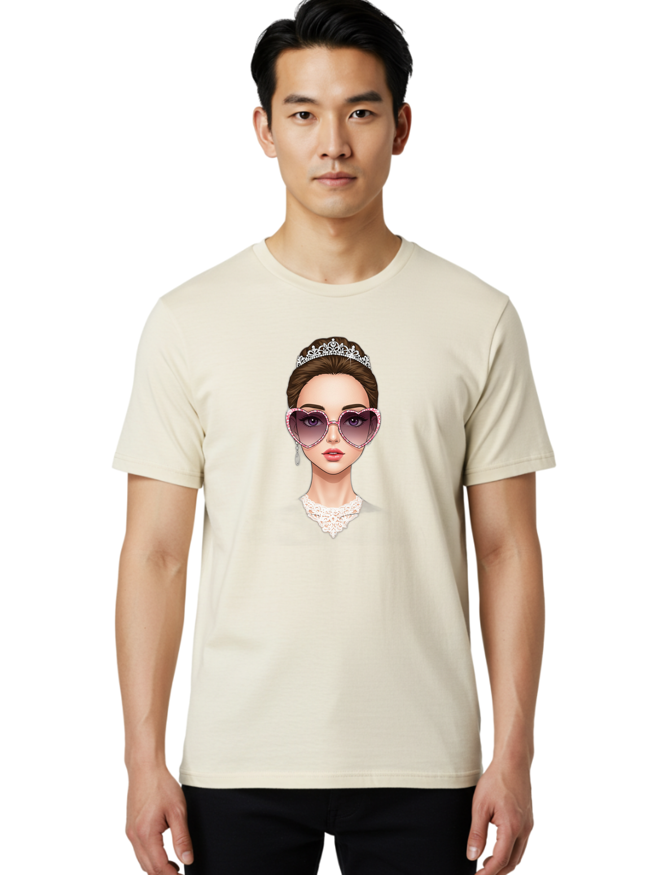 Tiara-Girl Men'S Graphic Tee, 100% Cotton, Comfortable Casual Summer Wear, Machine Washable, Princess Illustration, Heart-Shaped Sunglasses, Tiara Accessory, Elegant Jewelry, Fashionable Woman, Trendy Eyewear, Glamorous Style, Bab536