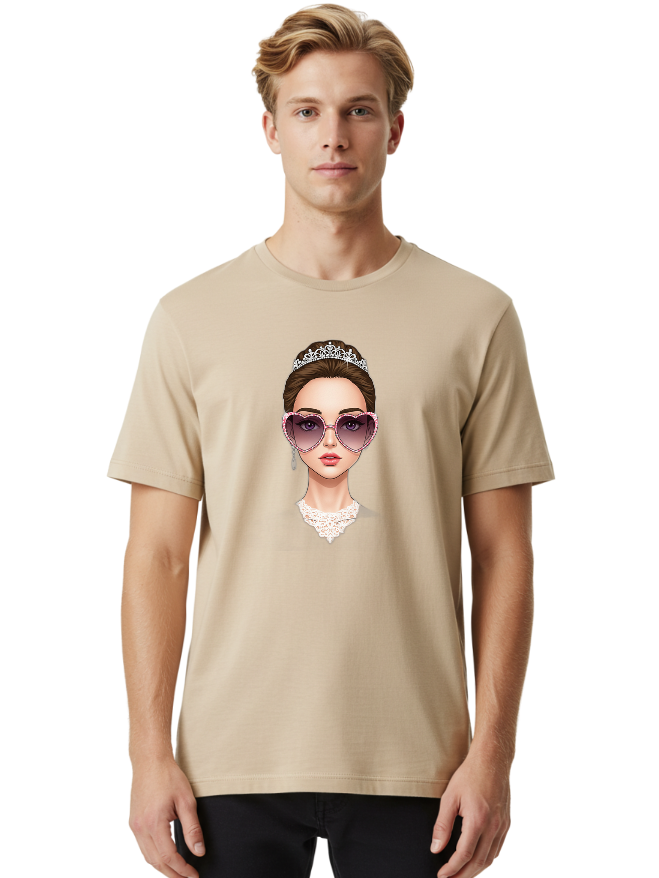 Tiara-Girl Men'S Graphic Tee, 100% Cotton, Comfortable Casual Summer Wear, Machine Washable, Princess Illustration, Heart-Shaped Sunglasses, Tiara Accessory, Elegant Jewelry, Fashionable Woman, Trendy Eyewear, Glamorous Style, Bab536