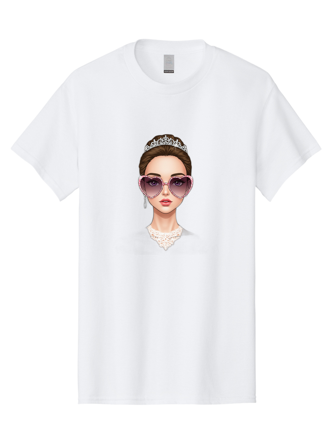 Tiara-Girl Men'S Graphic Tee, 100% Cotton, Comfortable Casual Summer Wear, Machine Washable, Princess Illustration, Heart-Shaped Sunglasses, Tiara Accessory, Elegant Jewelry, Fashionable Woman, Trendy Eyewear, Glamorous Style, Bab536