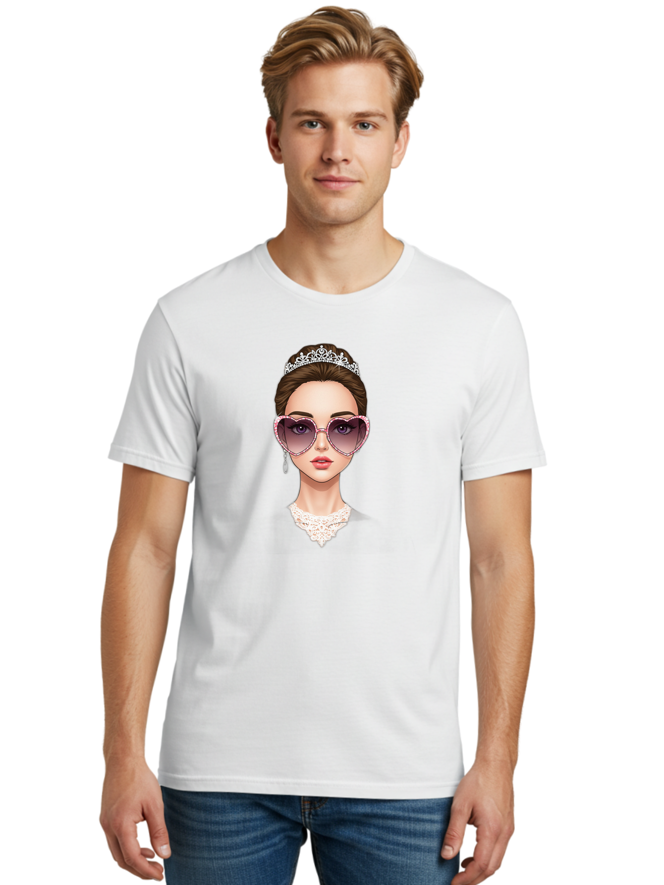 Tiara-Girl Men'S Graphic Tee, 100% Cotton, Comfortable Casual Summer Wear, Machine Washable, Princess Illustration, Heart-Shaped Sunglasses, Tiara Accessory, Elegant Jewelry, Fashionable Woman, Trendy Eyewear, Glamorous Style, Bab536