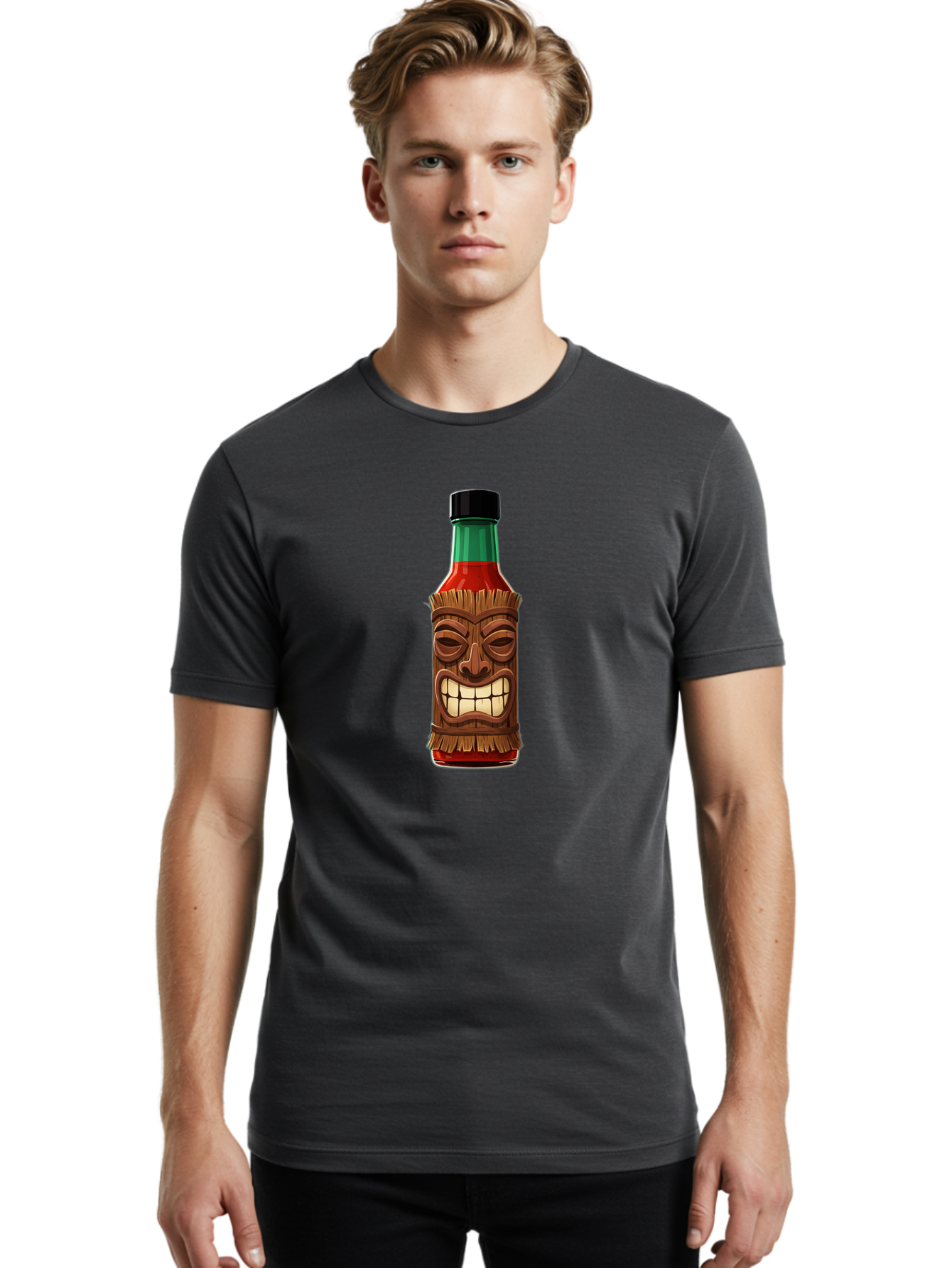 Tiki-Hot-Sauce Men'S Graphic Tee, 100% Cotton, Comfortable Casual Summer Wear, Machine Washable, Hot Sauce Bottle, Tiki Face, Wooden Mask, Cartoon Illustration, Spice Bottle, Condiment Packaging, Fiery Sauce, Humorous Design, Sauce Container Bab537