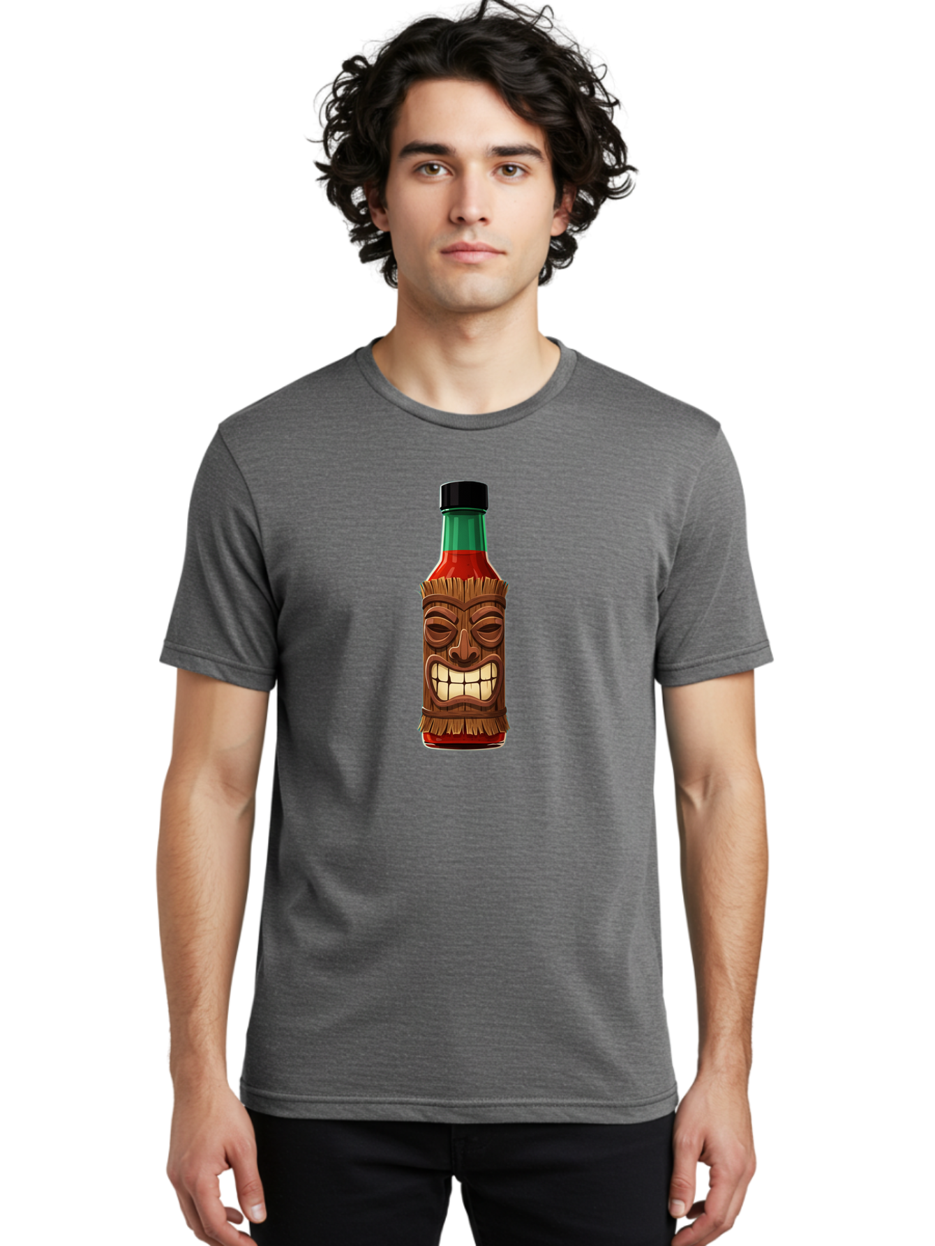 Tiki-Hot-Sauce Men'S Graphic Tee, 100% Cotton, Comfortable Casual Summer Wear, Machine Washable, Hot Sauce Bottle, Tiki Face, Wooden Mask, Cartoon Illustration, Spice Bottle, Condiment Packaging, Fiery Sauce, Humorous Design, Sauce Container Bab537