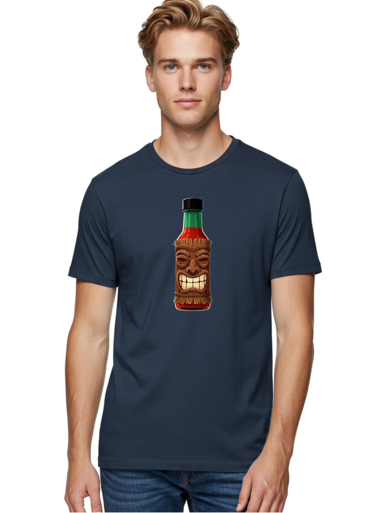 Tiki-Hot-Sauce Men'S Graphic Tee, 100% Cotton, Comfortable Casual Summer Wear, Machine Washable, Hot Sauce Bottle, Tiki Face, Wooden Mask, Cartoon Illustration, Spice Bottle, Condiment Packaging, Fiery Sauce, Humorous Design, Sauce Container Bab537
