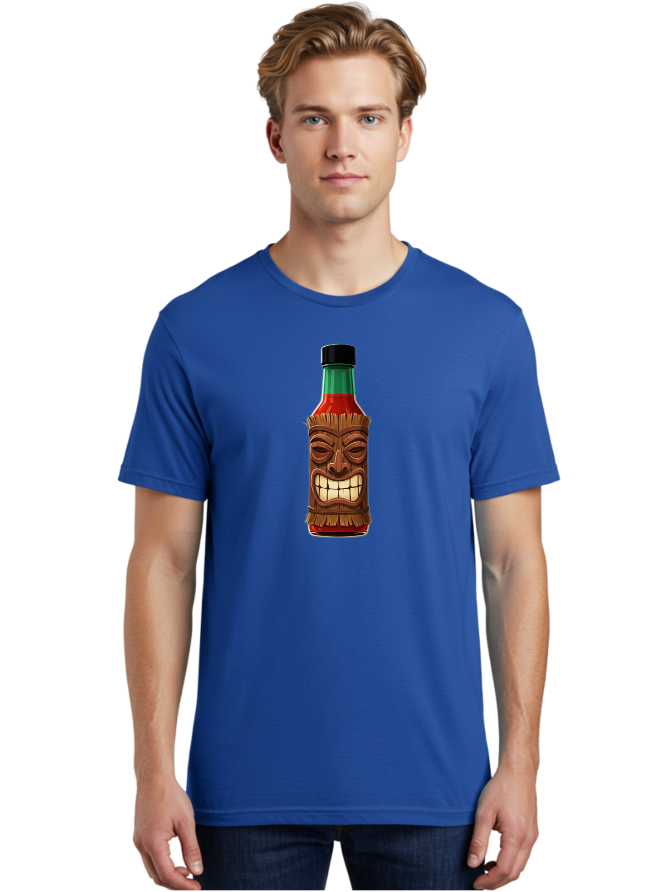 Tiki-Hot-Sauce Men'S Graphic Tee, 100% Cotton, Comfortable Casual Summer Wear, Machine Washable, Hot Sauce Bottle, Tiki Face, Wooden Mask, Cartoon Illustration, Spice Bottle, Condiment Packaging, Fiery Sauce, Humorous Design, Sauce Container Bab537