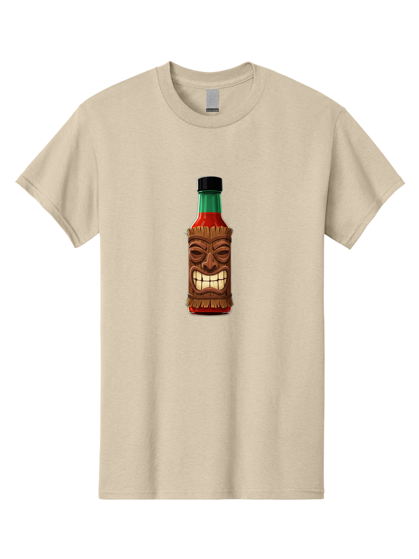 Tiki-Hot-Sauce Men'S Graphic Tee, 100% Cotton, Comfortable Casual Summer Wear, Machine Washable, Hot Sauce Bottle, Tiki Face, Wooden Mask, Cartoon Illustration, Spice Bottle, Condiment Packaging, Fiery Sauce, Humorous Design, Sauce Container Bab537