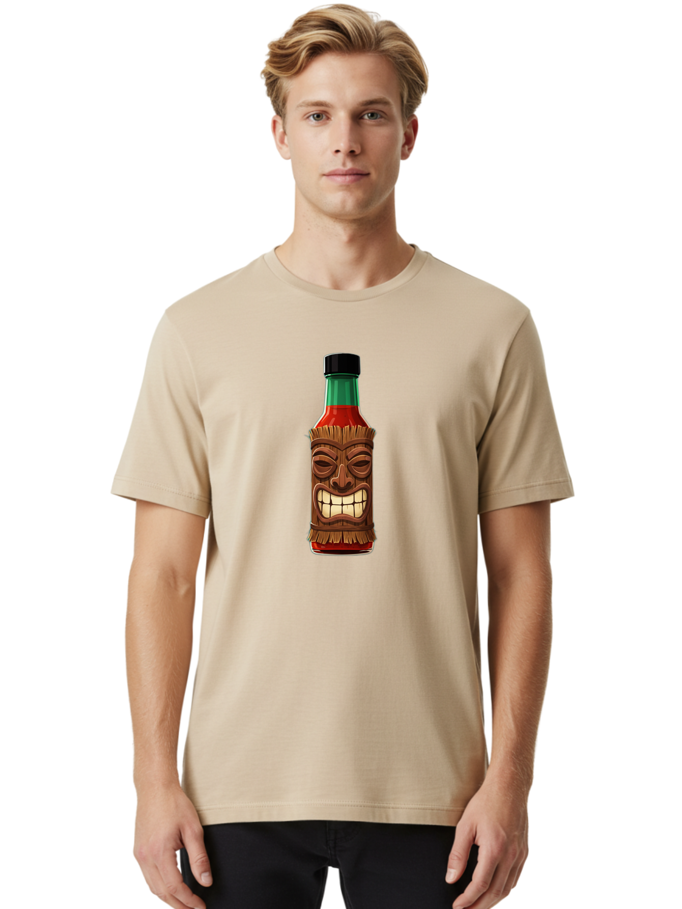 Tiki-Hot-Sauce Men'S Graphic Tee, 100% Cotton, Comfortable Casual Summer Wear, Machine Washable, Hot Sauce Bottle, Tiki Face, Wooden Mask, Cartoon Illustration, Spice Bottle, Condiment Packaging, Fiery Sauce, Humorous Design, Sauce Container Bab537