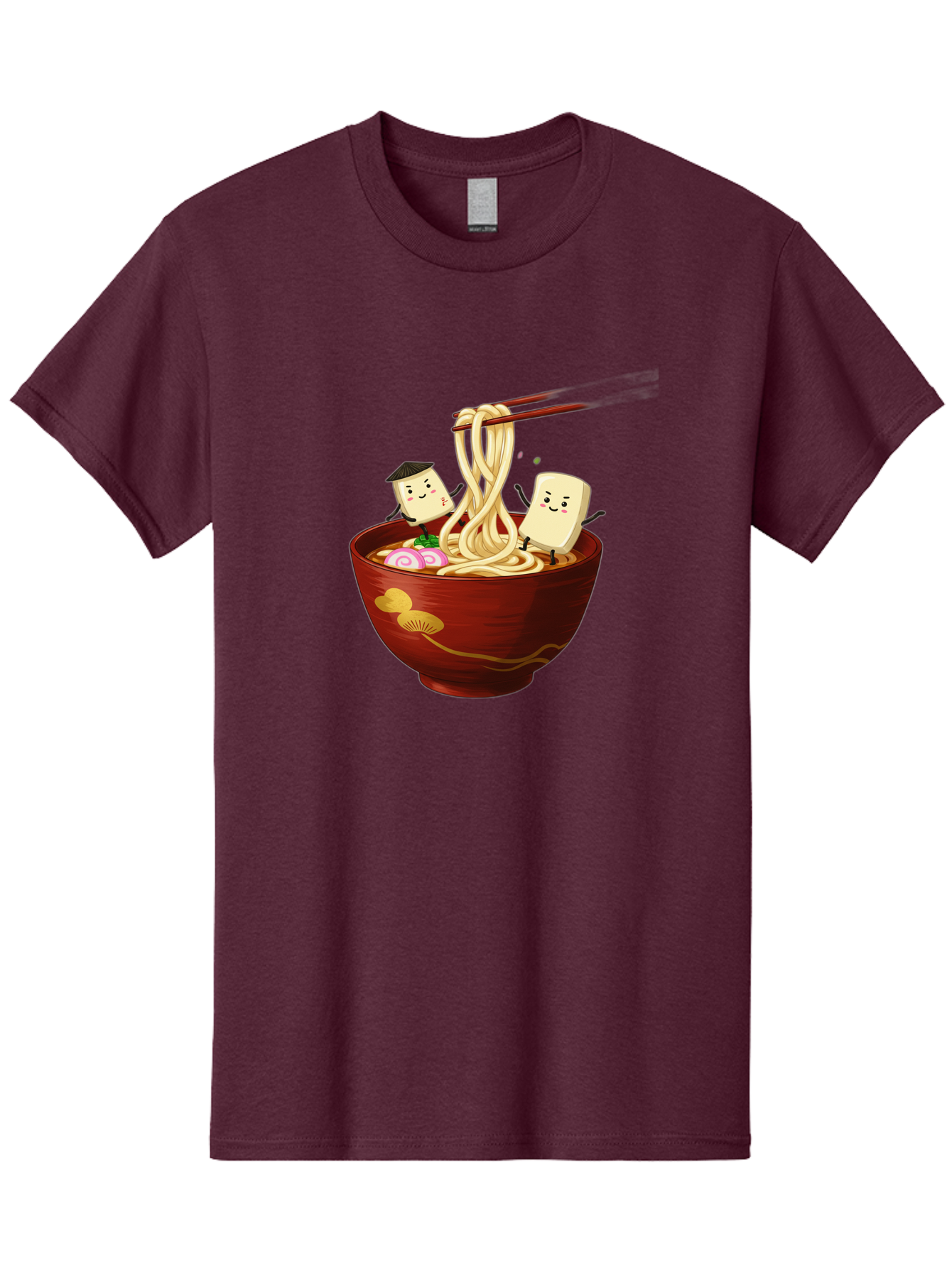 Tofu-And-Noodles Men'S Graphic Tee, 100% Cotton, Comfortable Casual Summer Wear, Machine Washable, Cartoon Tofu, Ramen Noodles, Chopsticks, Food Illustration, Japanese Cuisine, Animated Characters, Funny Scene, Noodle Bowl, Cartoon Food, Bab539