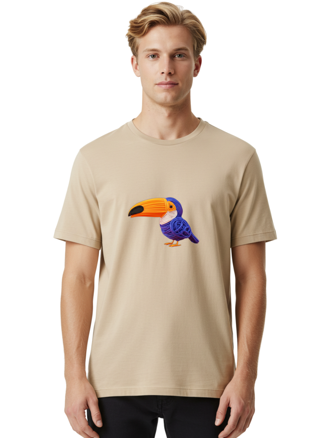 Toucan Men'S Graphic Tee, 100% Cotton, Comfortable Casual Summer Wear, Machine Washable, Toucan Bird, Colorful Illustration, Vibrant Plumage, Large Beak, Tropical Bird, Orange Beak, Blue Feathers, Yellow Feet, Digital Art, Creative Design Bab541