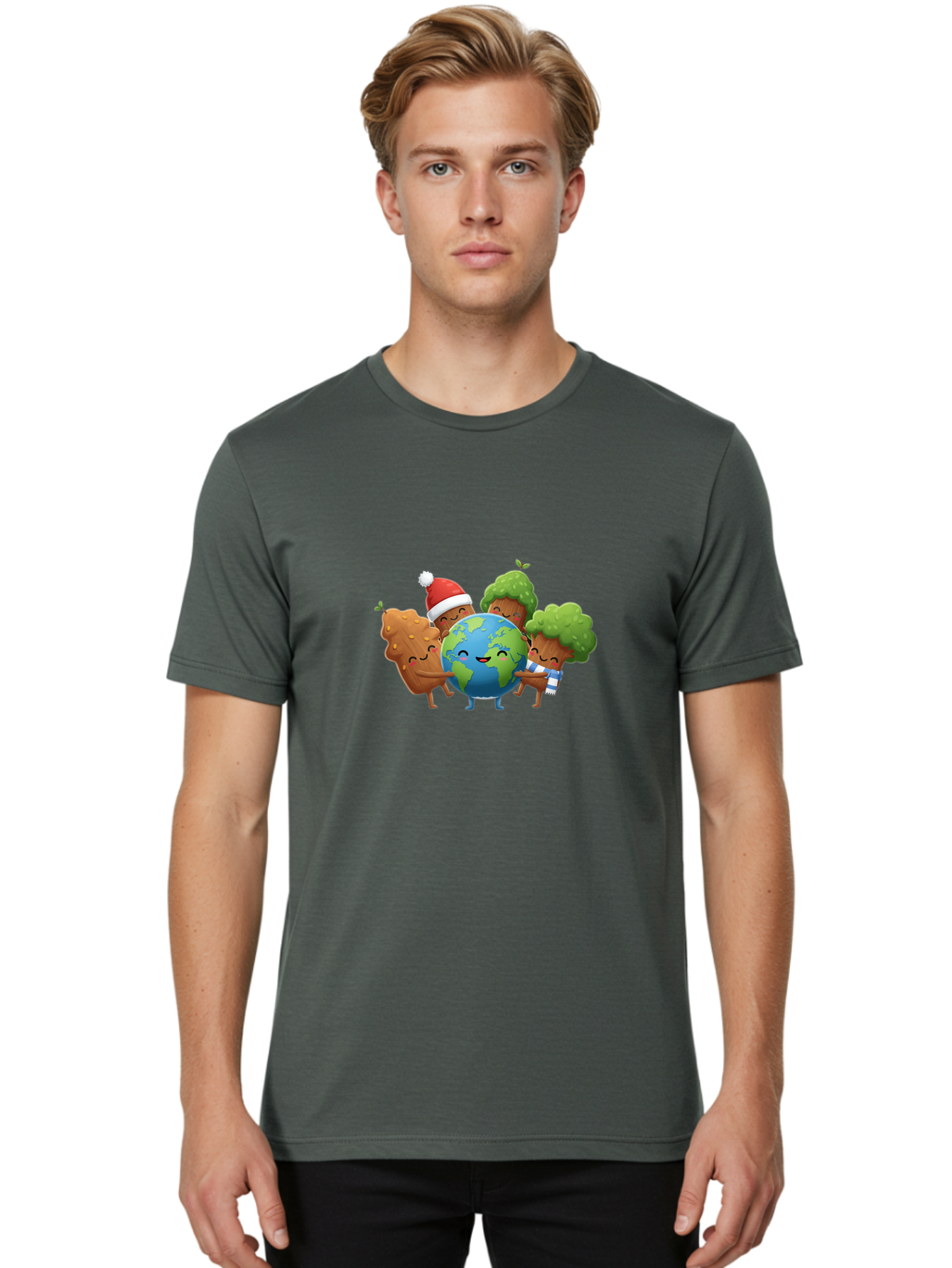 Tree-Characters-Hugging-Earth Men'S Graphic Tee, 100% Cotton, Comfortable Casual Summer Wear, Machine Washable, Cartoon Trees Hugging Earth, Environmental Conservation, Eco-Friendly, Sustainable Living, Protecting Planet, Tree Huggers, Bab544