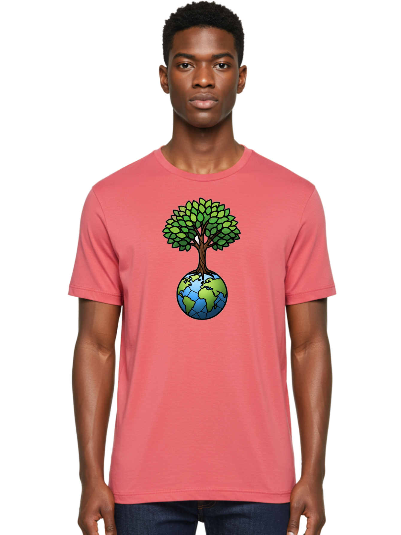 Tree-Growing-On-Globe Men'S Graphic Tee, 100% Cotton, Comfortable Casual Summer Wear, Machine Washable, Tree Growing From The Earth, Eco-Friendly Symbol, Environmental Conservation, Sustainable Living, Global Unity, Nature Preservation, Bab545