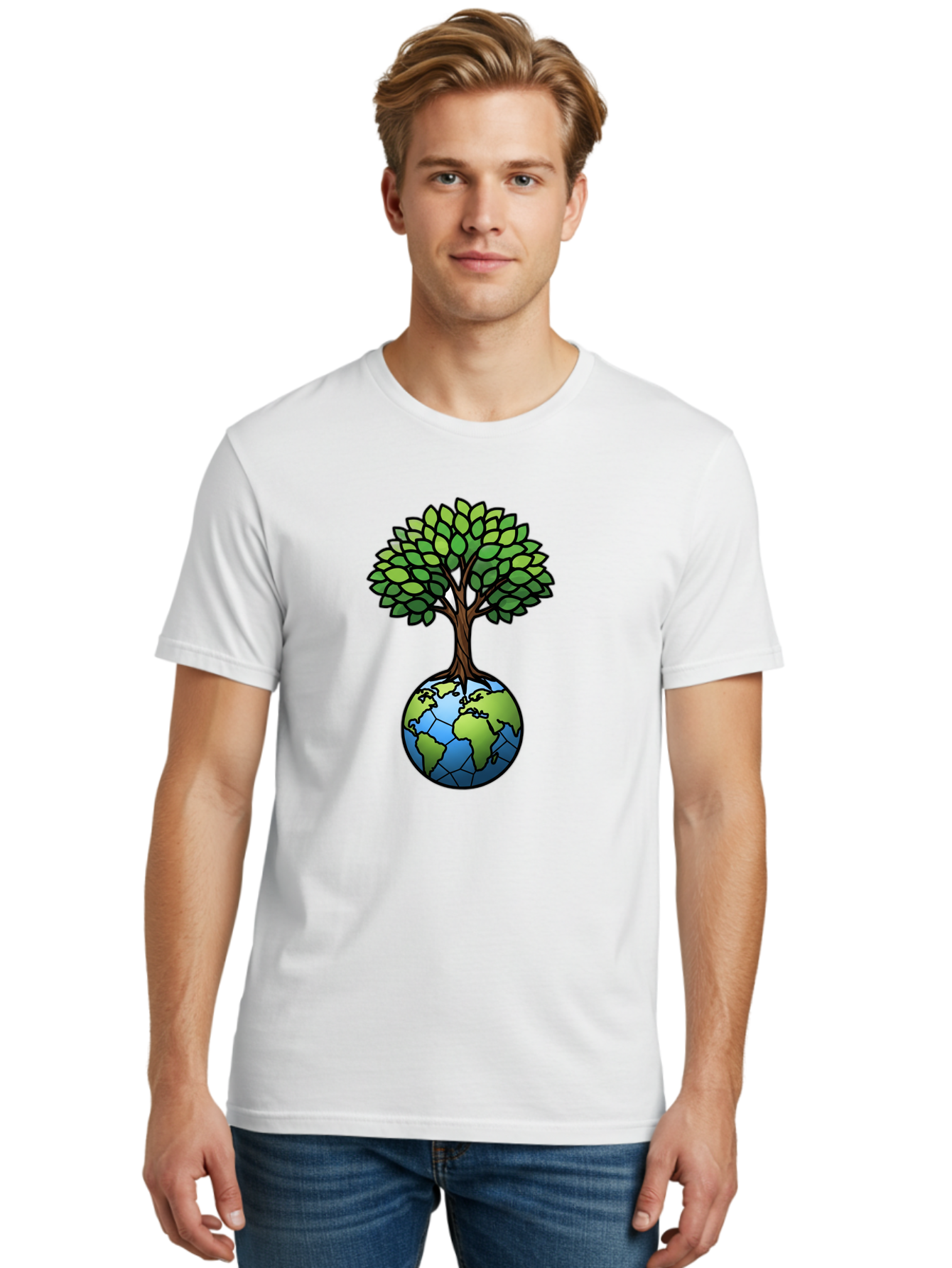 Tree-Growing-On-Globe Men'S Graphic Tee, 100% Cotton, Comfortable Casual Summer Wear, Machine Washable, Tree Growing From The Earth, Eco-Friendly Symbol, Environmental Conservation, Sustainable Living, Global Unity, Nature Preservation, Bab545