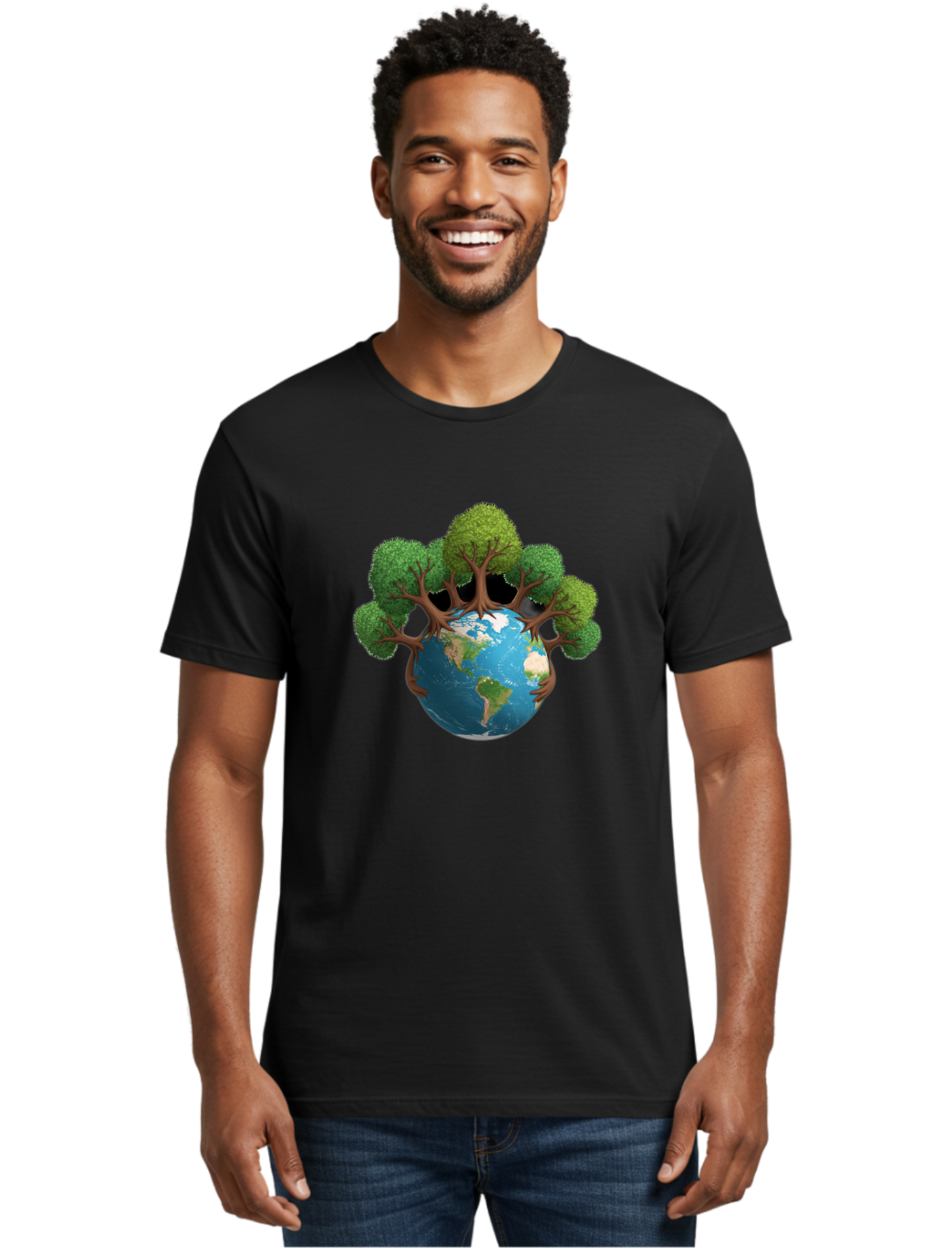 Tree-Hugging-Earth Men'S Graphic Tee, 100% Cotton, Comfortable Casual Summer Wear, Machine Washable, Earth With Trees, Global Conservation, Environmental Protection, Eco Friendly, Nature Preservation, Sustainable Living, Green Initiatives, Bab546