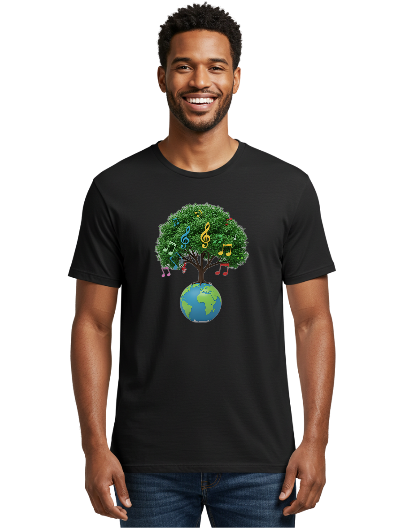 Tree-Of-Music Men'S Graphic Tee, 100% Cotton, Comfortable Casual Summer Wear, Machine Washable, Tree Growing Out Of The Earth, Global Unity, Music Notes, Treble Clefs, Harmony, World Music, Cultural Diversity, Environmentalism, Bab548