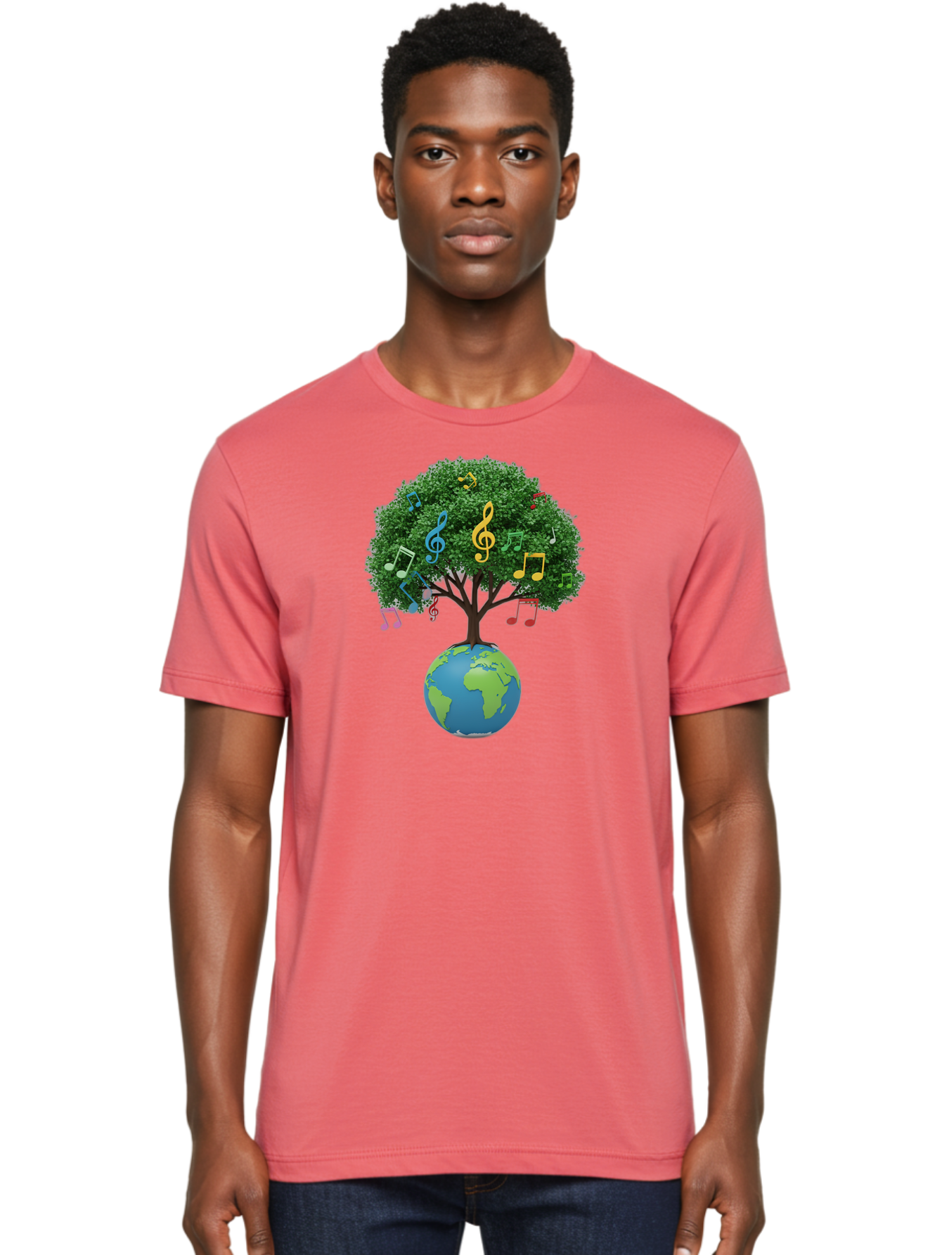 Tree-Of-Music Men'S Graphic Tee, 100% Cotton, Comfortable Casual Summer Wear, Machine Washable, Tree Growing Out Of The Earth, Global Unity, Music Notes, Treble Clefs, Harmony, World Music, Cultural Diversity, Environmentalism, Bab548