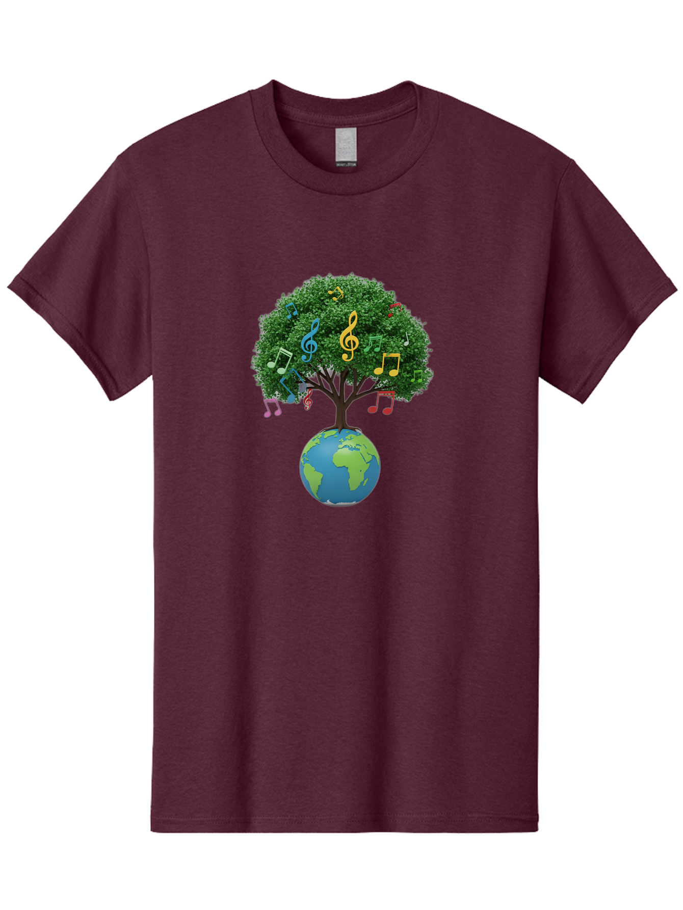 Tree-Of-Music Men'S Graphic Tee, 100% Cotton, Comfortable Casual Summer Wear, Machine Washable, Tree Growing Out Of The Earth, Global Unity, Music Notes, Treble Clefs, Harmony, World Music, Cultural Diversity, Environmentalism, Bab548
