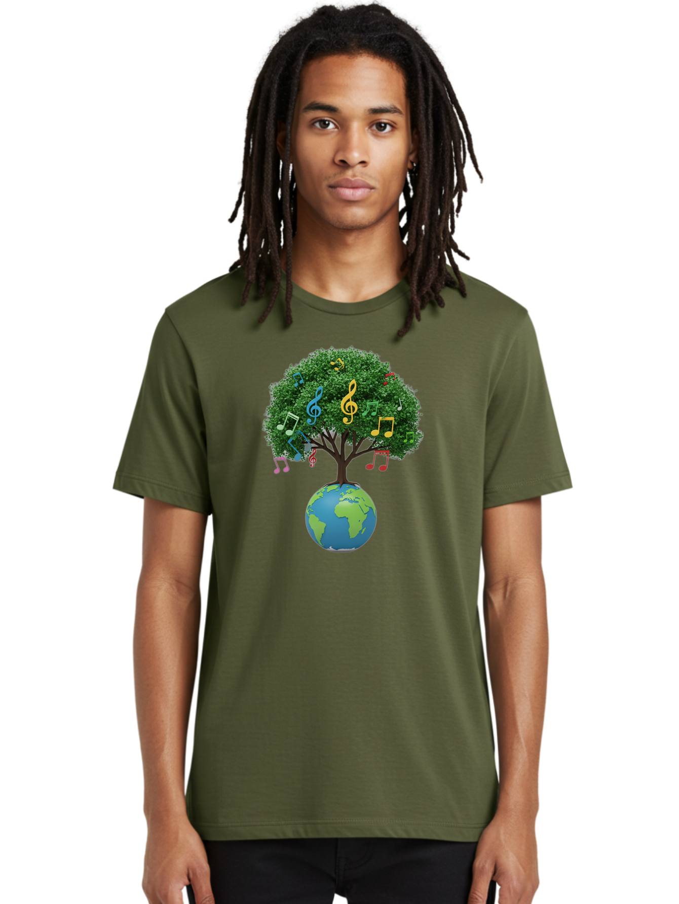 Tree-Of-Music Men'S Graphic Tee, 100% Cotton, Comfortable Casual Summer Wear, Machine Washable, Tree Growing Out Of The Earth, Global Unity, Music Notes, Treble Clefs, Harmony, World Music, Cultural Diversity, Environmentalism, Bab548
