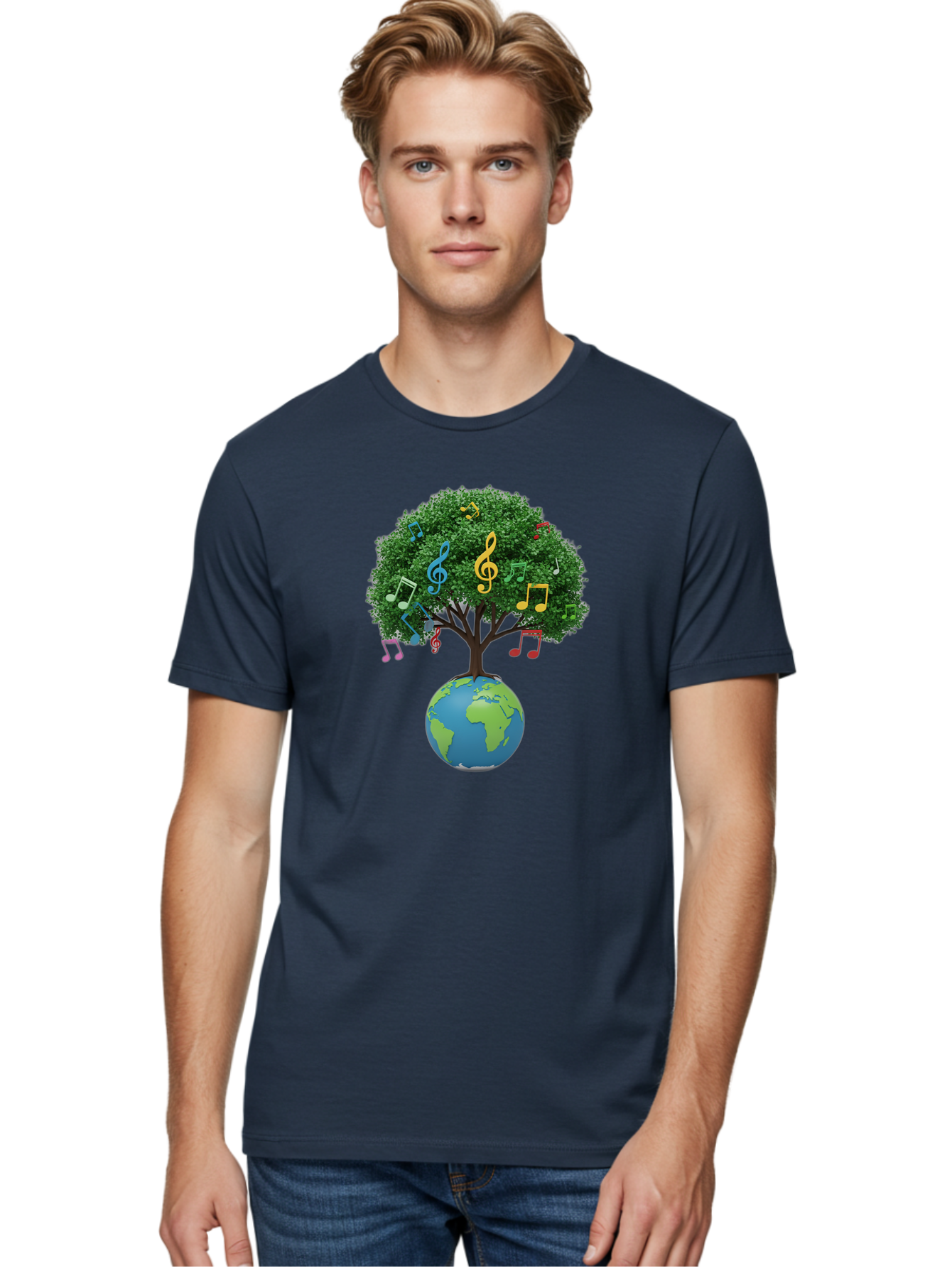 Tree-Of-Music Men'S Graphic Tee, 100% Cotton, Comfortable Casual Summer Wear, Machine Washable, Tree Growing Out Of The Earth, Global Unity, Music Notes, Treble Clefs, Harmony, World Music, Cultural Diversity, Environmentalism, Bab548