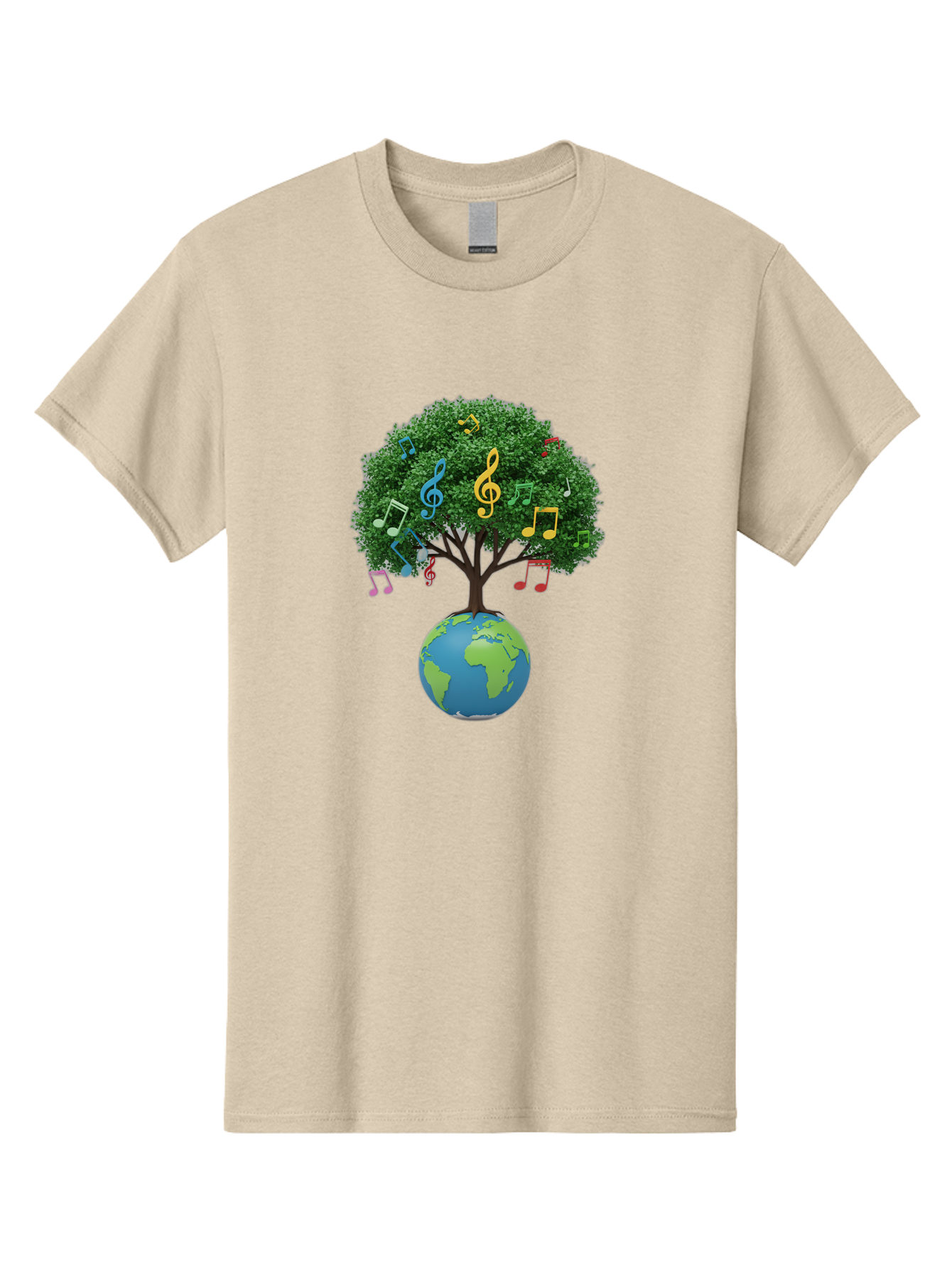 Tree-Of-Music Men'S Graphic Tee, 100% Cotton, Comfortable Casual Summer Wear, Machine Washable, Tree Growing Out Of The Earth, Global Unity, Music Notes, Treble Clefs, Harmony, World Music, Cultural Diversity, Environmentalism, Bab548