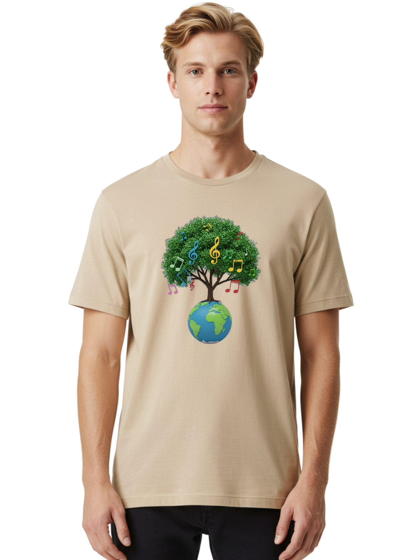 Tree-Of-Music Men'S Graphic Tee, 100% Cotton, Comfortable Casual Summer Wear, Machine Washable, Tree Growing Out Of The Earth, Global Unity, Music Notes, Treble Clefs, Harmony, World Music, Cultural Diversity, Environmentalism, Bab548