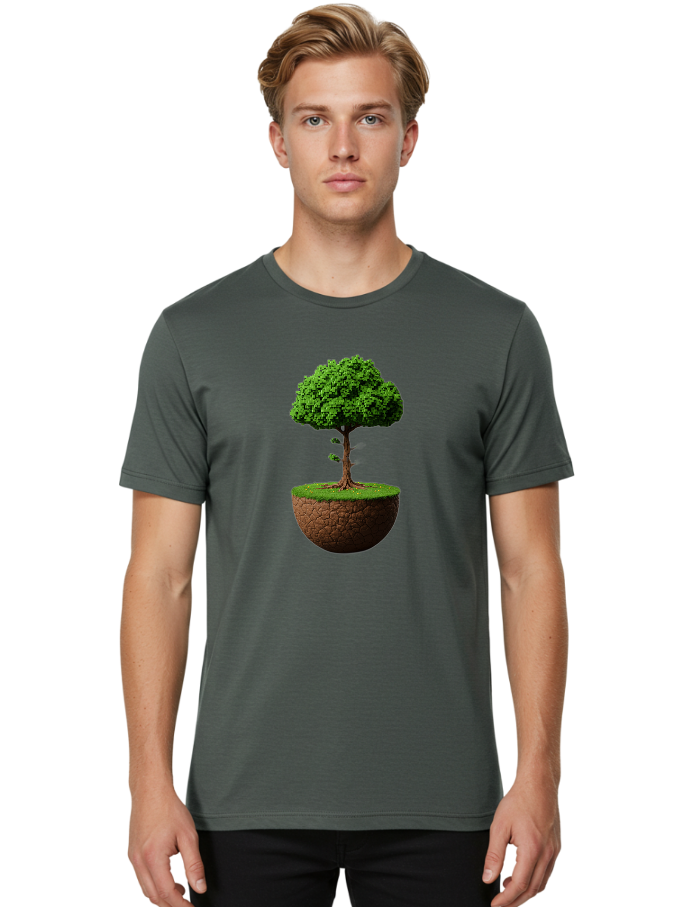 Tree-On-Soil Men'S Graphic Tee, 100% Cotton, Comfortable Casual Summer Wear, Machine Washable, Tree On A Mound Of Soil, Cracked Earth, Lush Foliage, Earthy Tones, 3D Rendering, Digital Art, Environmental Theme, Natural Scenery, Bab549