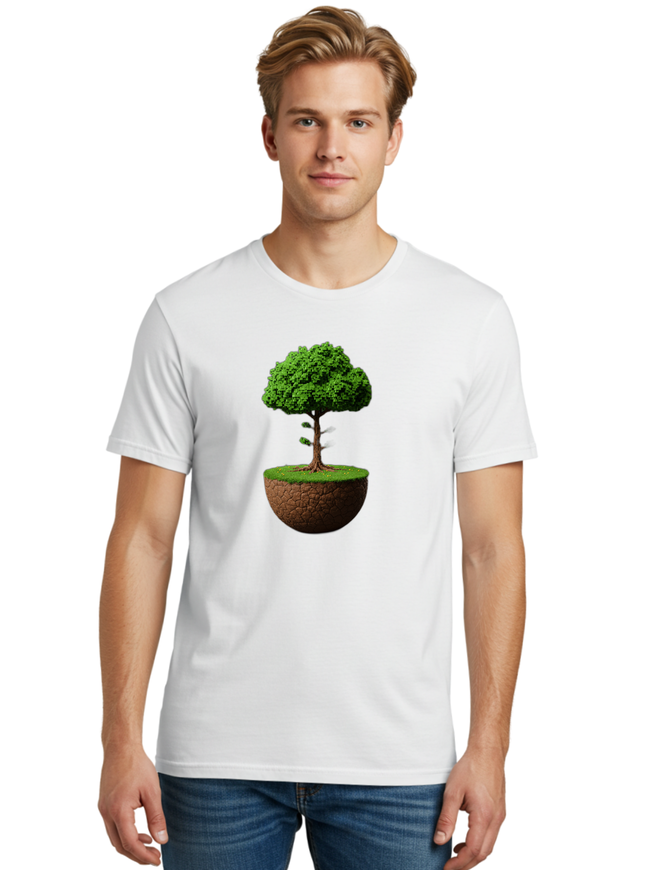 Tree-On-Soil Men'S Graphic Tee, 100% Cotton, Comfortable Casual Summer Wear, Machine Washable, Tree On A Mound Of Soil, Cracked Earth, Lush Foliage, Earthy Tones, 3D Rendering, Digital Art, Environmental Theme, Natural Scenery, Bab549
